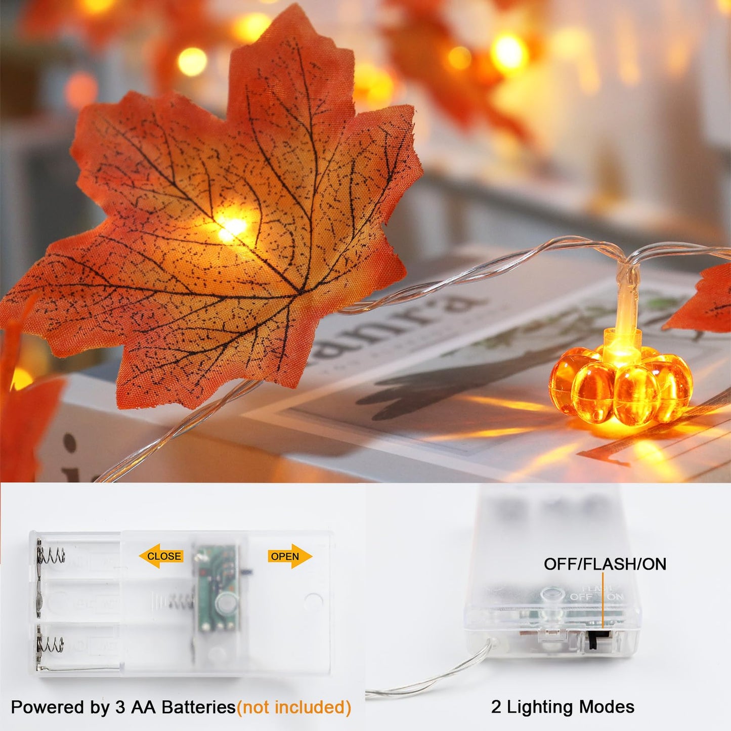 2 Pack Thanksgiving Decorations Maple Leaf Pumpkin Lights, Total 20Ft 40 LED Battery Operated 3D Pumpkin Fall Leaves Garland String Light for Home Mantel Porch Indoor Outdoor Halloween Fall Decor