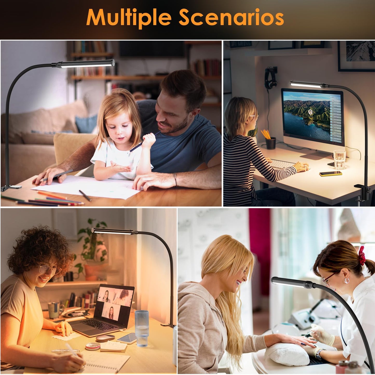 ShineTech LED Desk lamp with Clamp, Eye-Caring Clip Lights for Home Office, 3 Colors Full Brightness, Flexible Gooseneck USB Adapter Table Lamp, Black