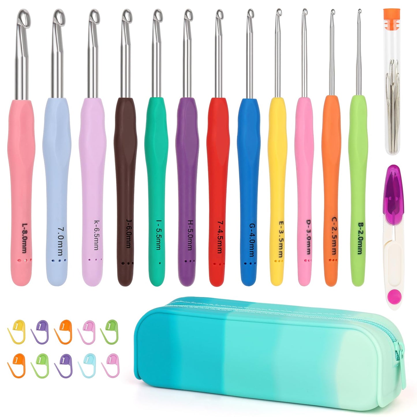 Coopay Crochet Hooks Set with Case, 12 Size Ergonomic Crochet Needles for Beginner Adult Arthritic Hands, 2mm(B)-8mm(L) Extra Long Knitting Hook for Crocheting Yarn- Great DIY Craft Christmas Gift