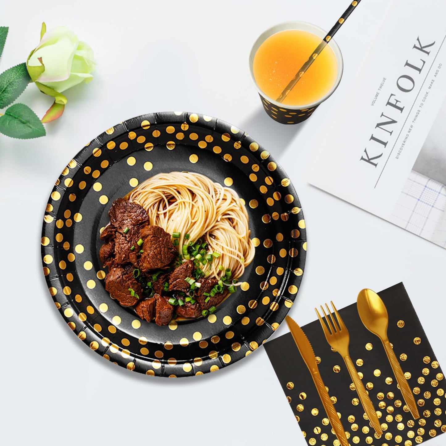 Nkaiso Paper Plates and Napkins Set, 193 Pieces Black Gold Party Supplies Includes Paper Plates Cups Napkins Straws and Cutlery for Birthday Wedding Holidays Parties Decorations-24 Guests