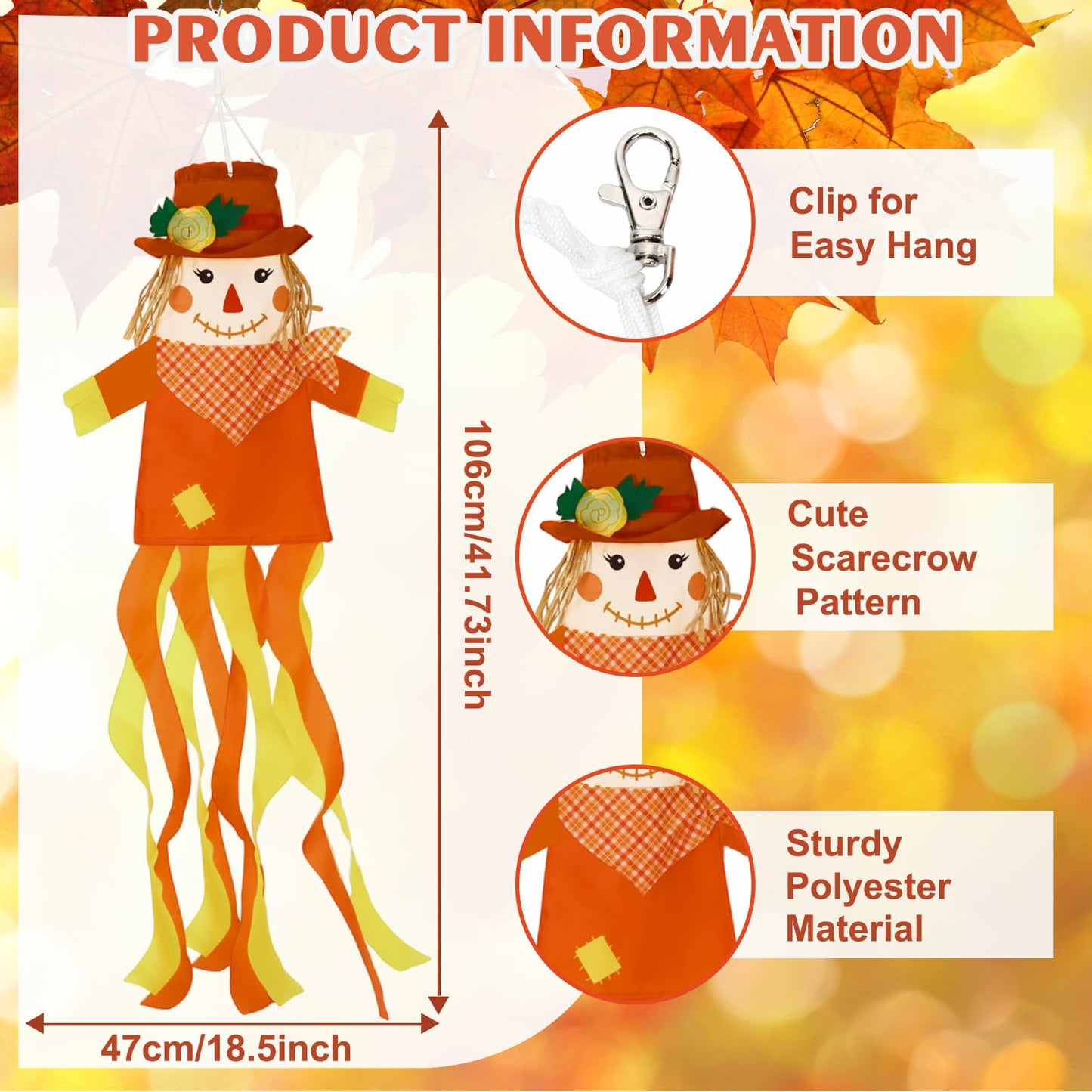 2 Pcs Fall Scarecrows Windsocks, 40 Inch Outdoor Autumn Wind Sock Thanksgiving Hanging Scarecrow Decorations for Garden Patio Party Home Yard Decor