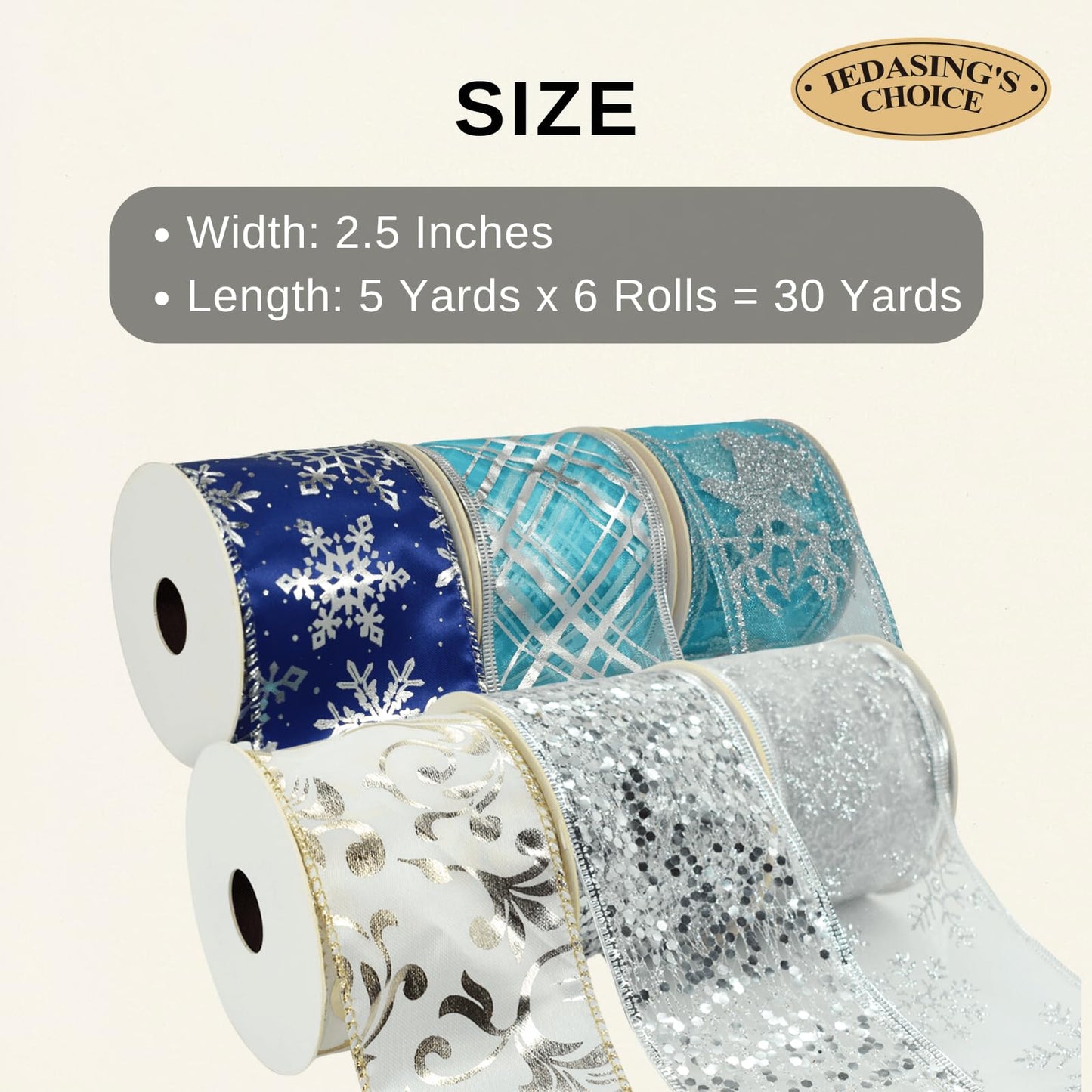 Christmas Ribbon Wired 2.5 Inches 6 Rolls 30 Yards Holiday Burlap Mesh Organza Glitter Ribbons for Christmas Tree Wreath Garland and Home Decor (Winter Blue & Silver)