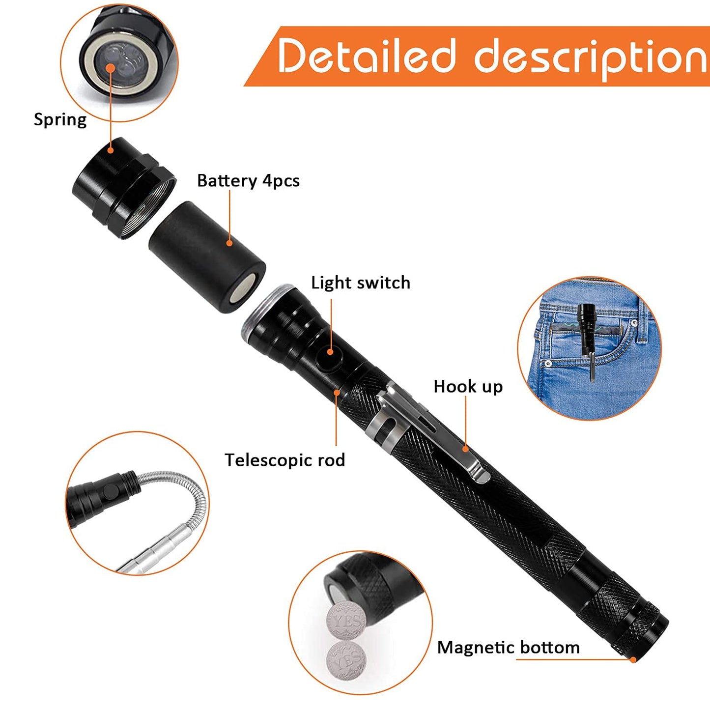 KUCHEY Magnetic Flashlight Fathers Day Dad Gifts for Men, Stocking Stuffers for Men Adults, Pickup Tool Cool Extendable Magnet Telescoping Gadgets Easter Birthday for Him Handyman