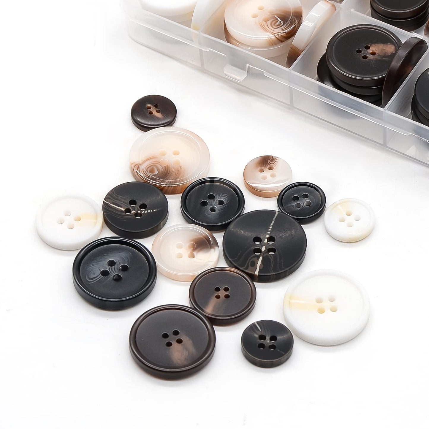 OELFFOW 110Pcs Mixed Sewing Buttons, 4-Hole Craft Round Blazer Buttons, 5 Color 3 Size(15mm,20mm,25mm) Suit Coats Resin Button, Suitable for Variety Clothing Sewing, DIY Craft(White)