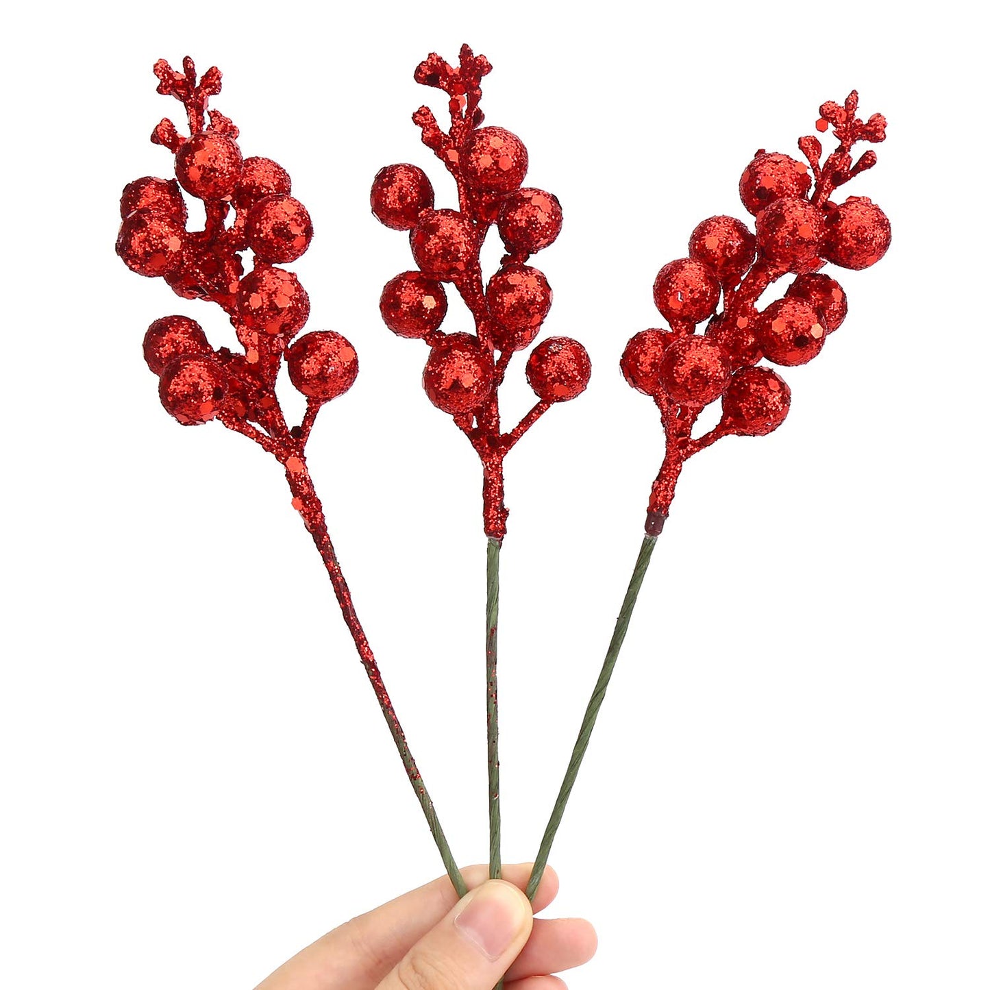 DIYASY Artificial Red Berry Stems,20 Pcs 7.8 Inch Glitter Christmas Tree Picks for Christmas Tree Ornaments,DIY Xmas Wreath, Holiday and Home Decoration