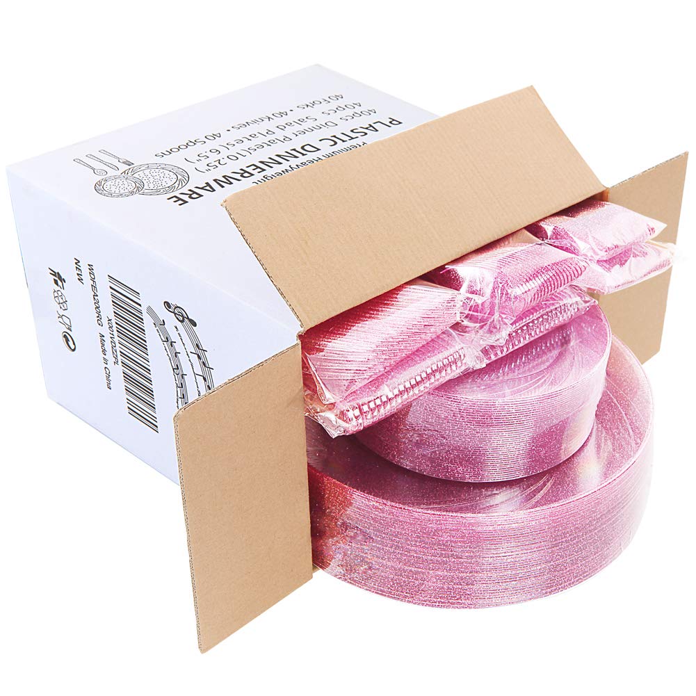 WDF Rose Gold Pink Plastic Plates with Pink Plastic Silverware include 40 Dinner & Salad Plates, 40Forks, 40 Knives, 40 Spoons for Wedding/Party/Valentine's Day