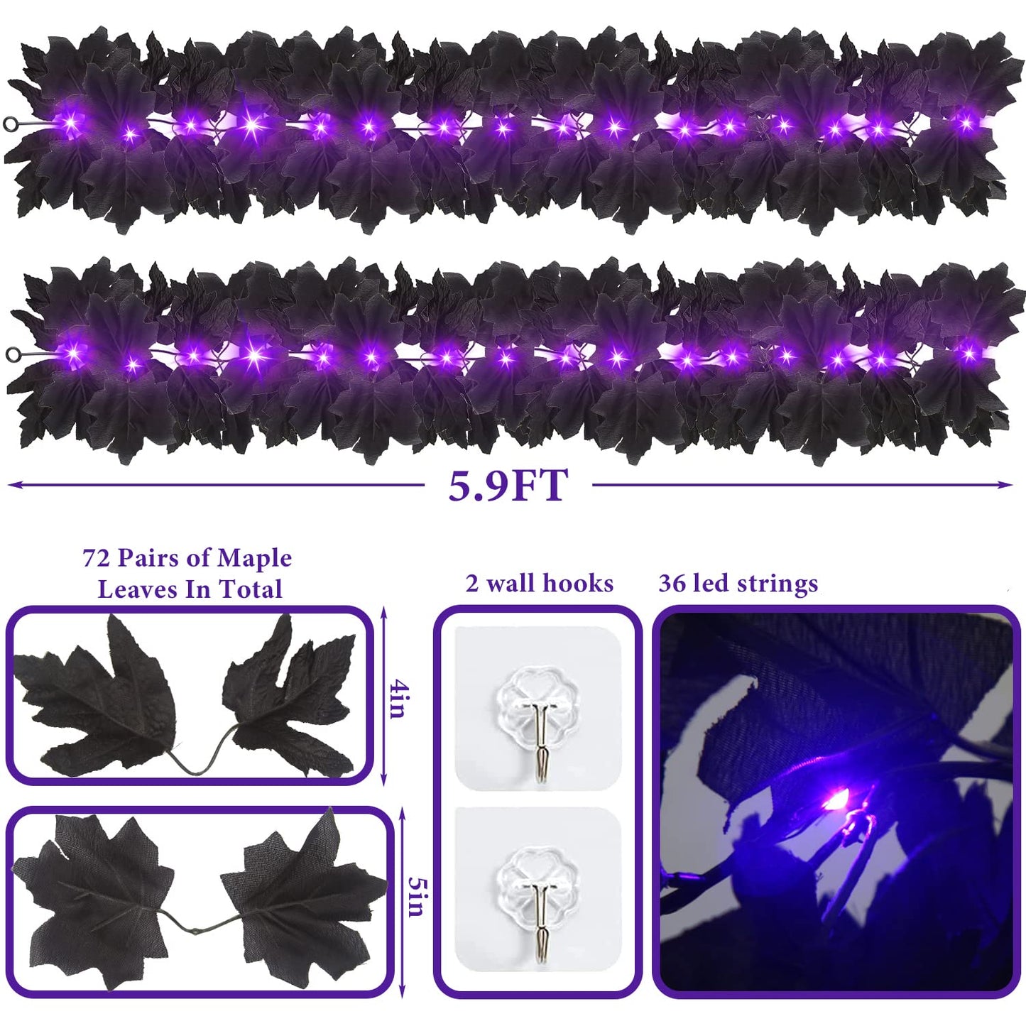 FINGOOO 2 Pack Black Garland Halloween,5.9Ft Black Vines Maple Leaf with Purple Lights for Fireplace Stairs Party Hanging Decor