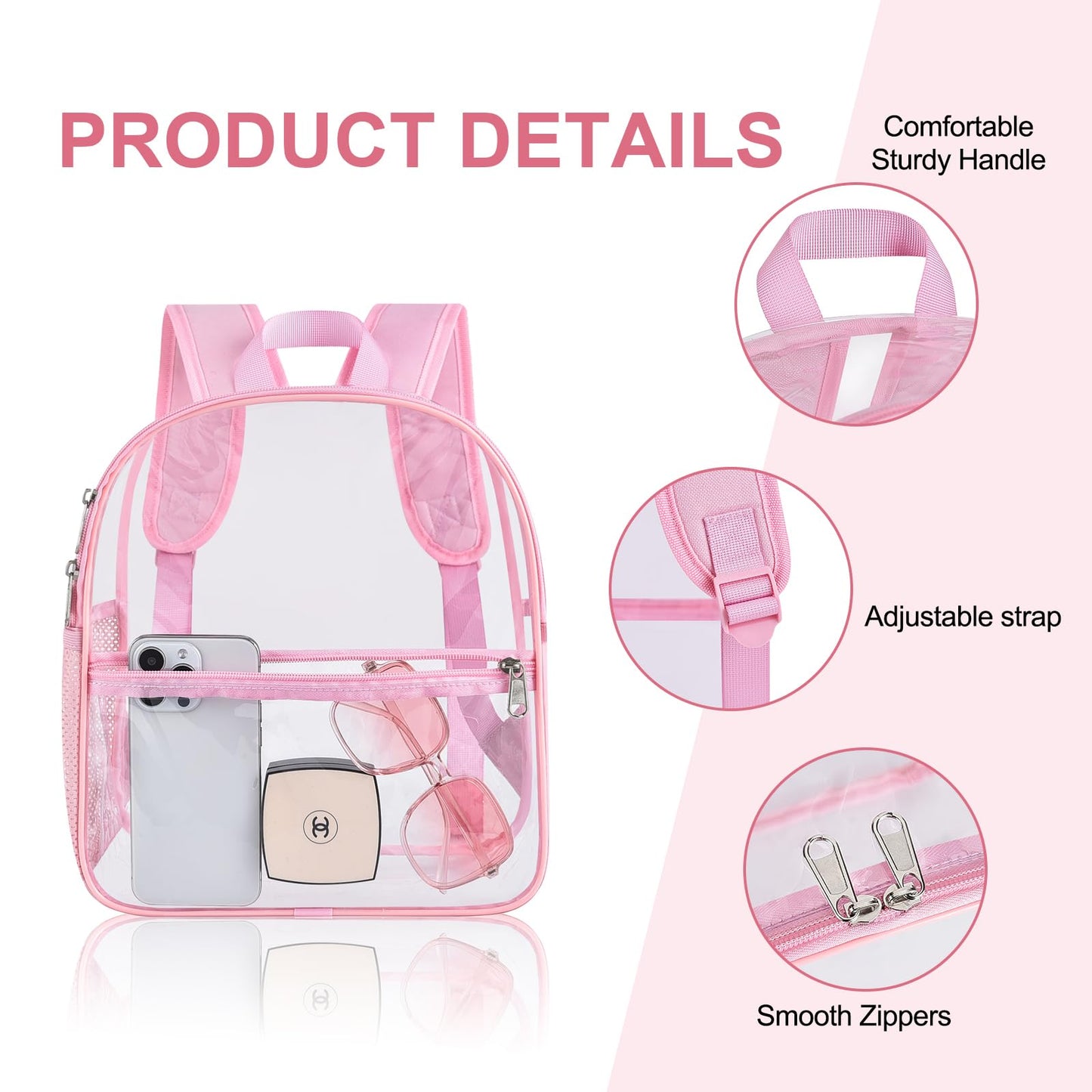 Oraben Clear Backpack Stadium Approved 12×12×6, Small Clear Backpack Transparent Backpack for Sports Event Concert (Pink)