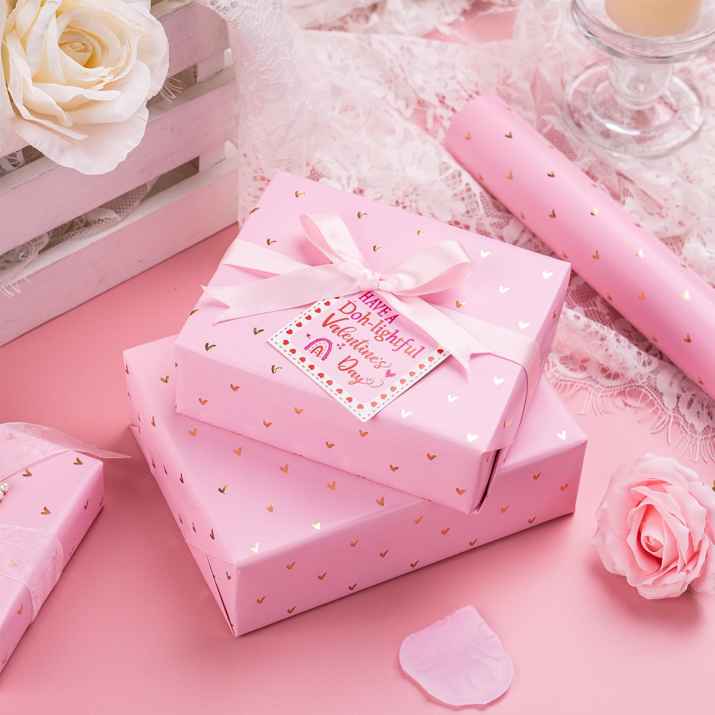 Valentine's Day Wrapping Paper - Mini Roll - 17 Inch X 33 Feet - Sweet Gold Foil Pink Love Heart Design for Valentine's Day, Wedding, Anniversary, Birthday, Baby Shower
