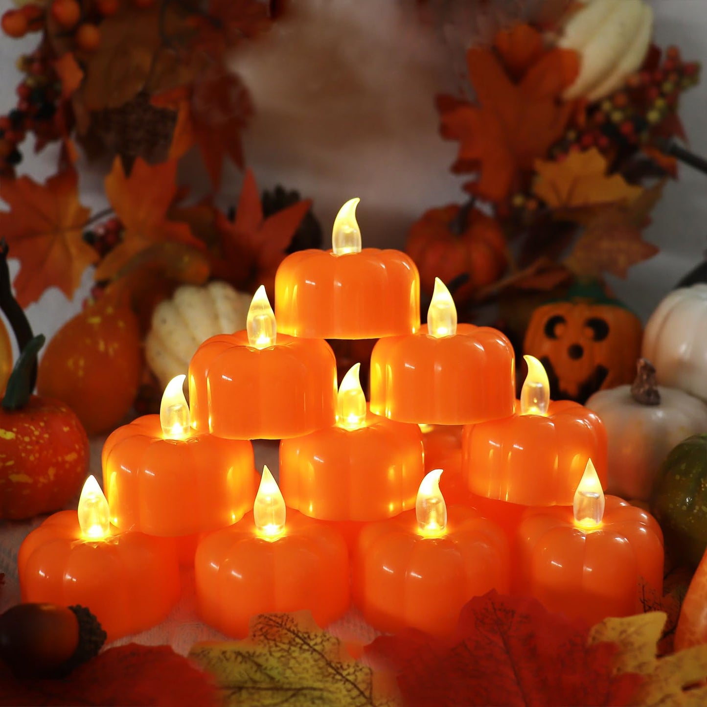 Halloween Pumpkin Tea Lights Decorations Fall Decor, 12 Pack LED Orange Pumpkin Lights Flameless Candles Battery Operated, Thanksgiving Flickering Tealight Candle for Home Table Indoor Party Decor