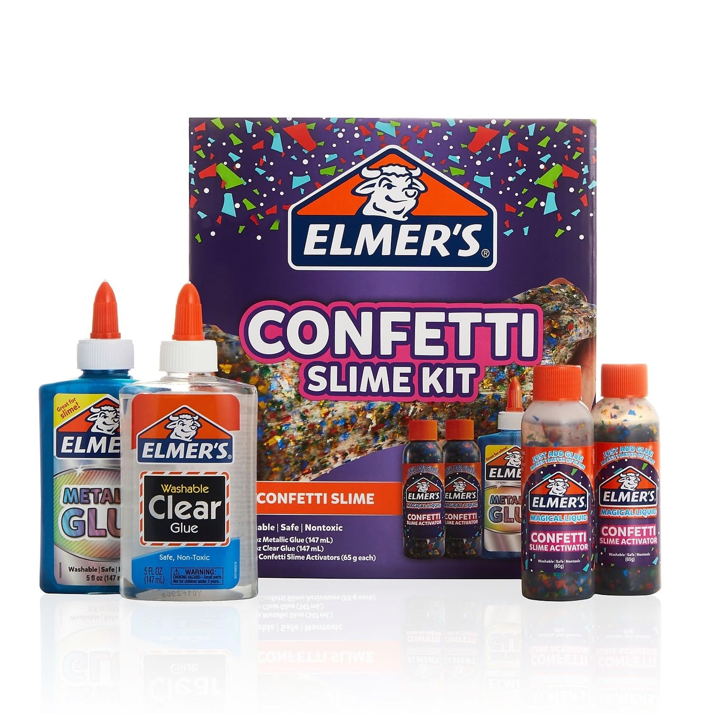 Elmer’s Confetti Slime Kit, Slime Supplies Include Metallic Glue, Clear Glue, Confetti Magical Liquid Activator, 4 Count - Perfect for Parties, Gift, Kids Activity Time