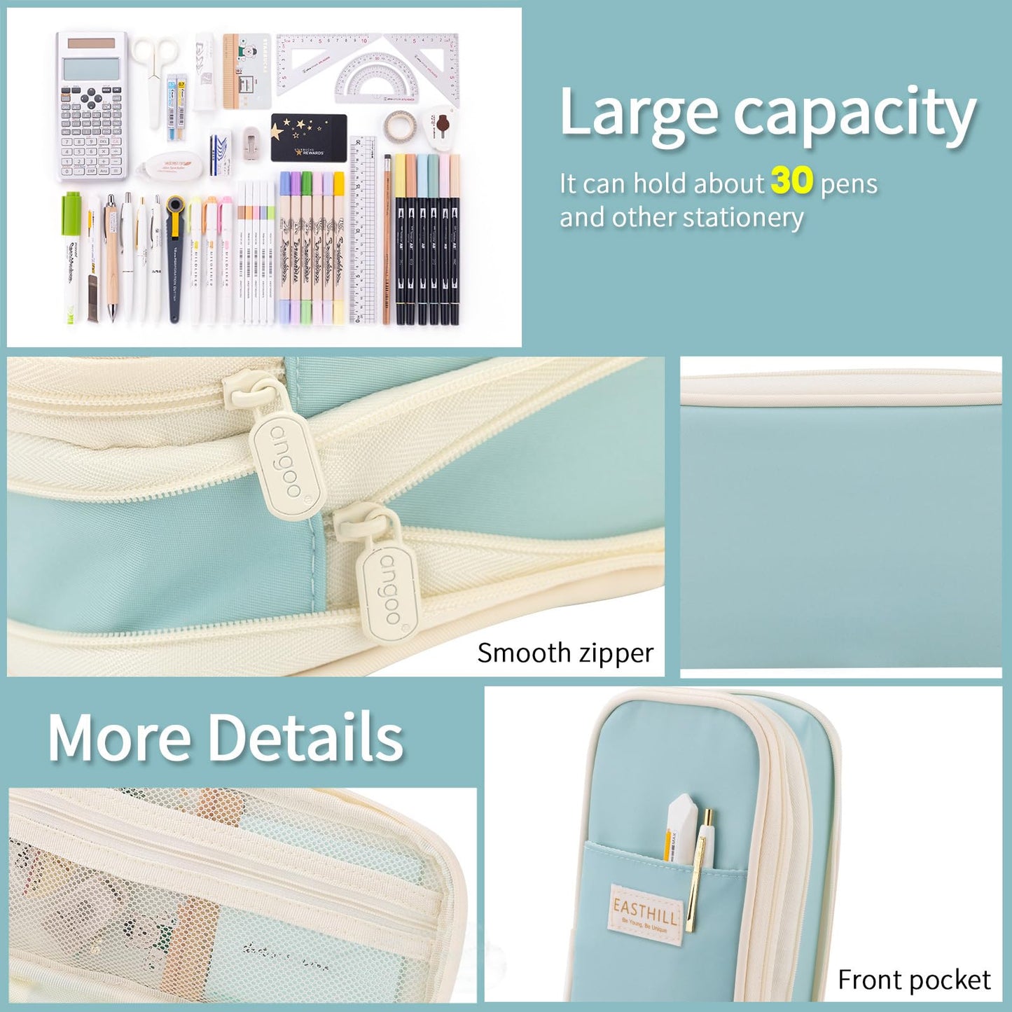 EASTHILL Big Capacity Pencil Case Large Pencil Pouch Stationery Pen Bag for Teen Girls-Blue