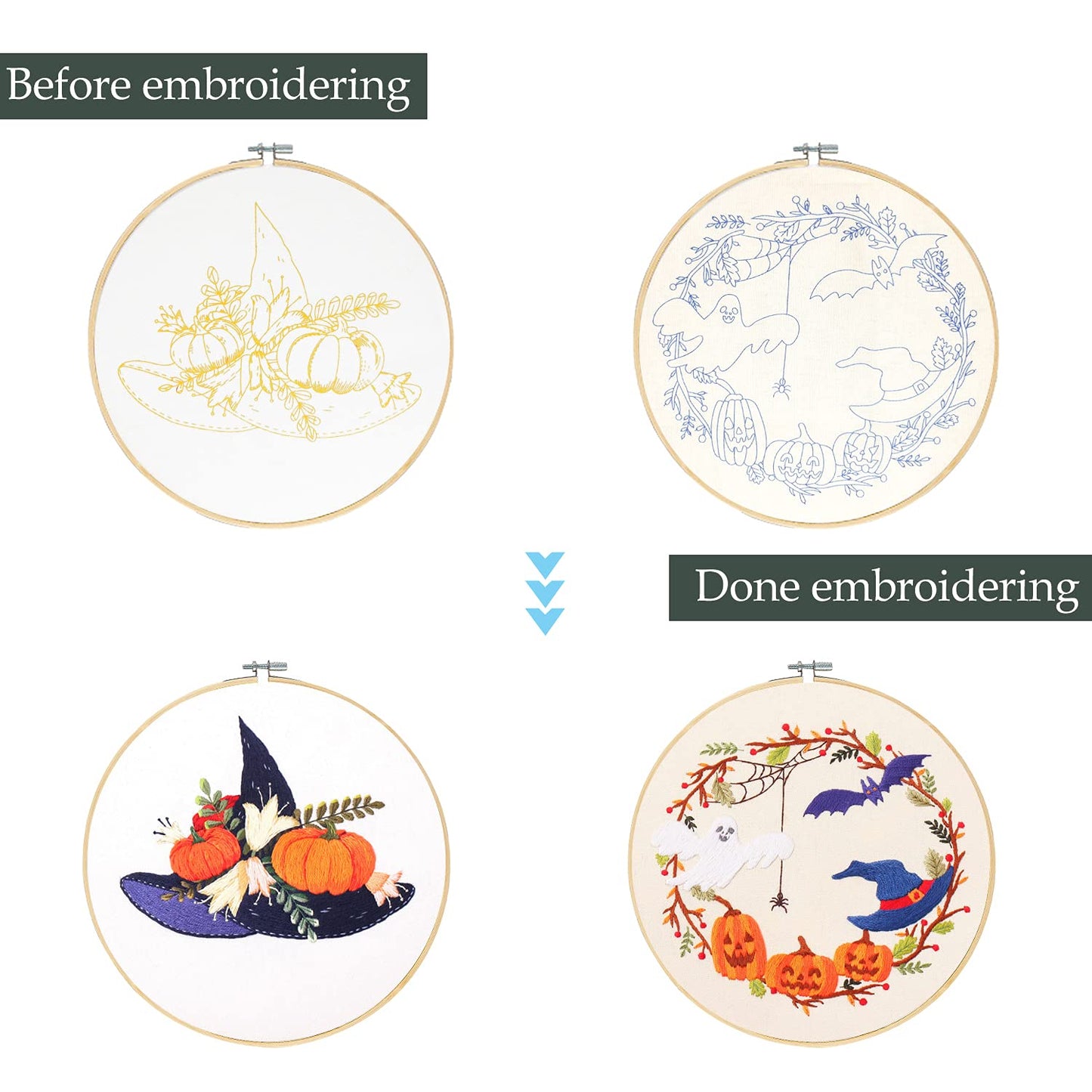 Santune 4-Pack Halloween Embroidery Kit Cross Stitch Kits for Beginners DIY Needlepoint Kit with 4 Embroidery Clothes Featuring Pumpkin Patterns,2 Hoops,Color Threads,Needles