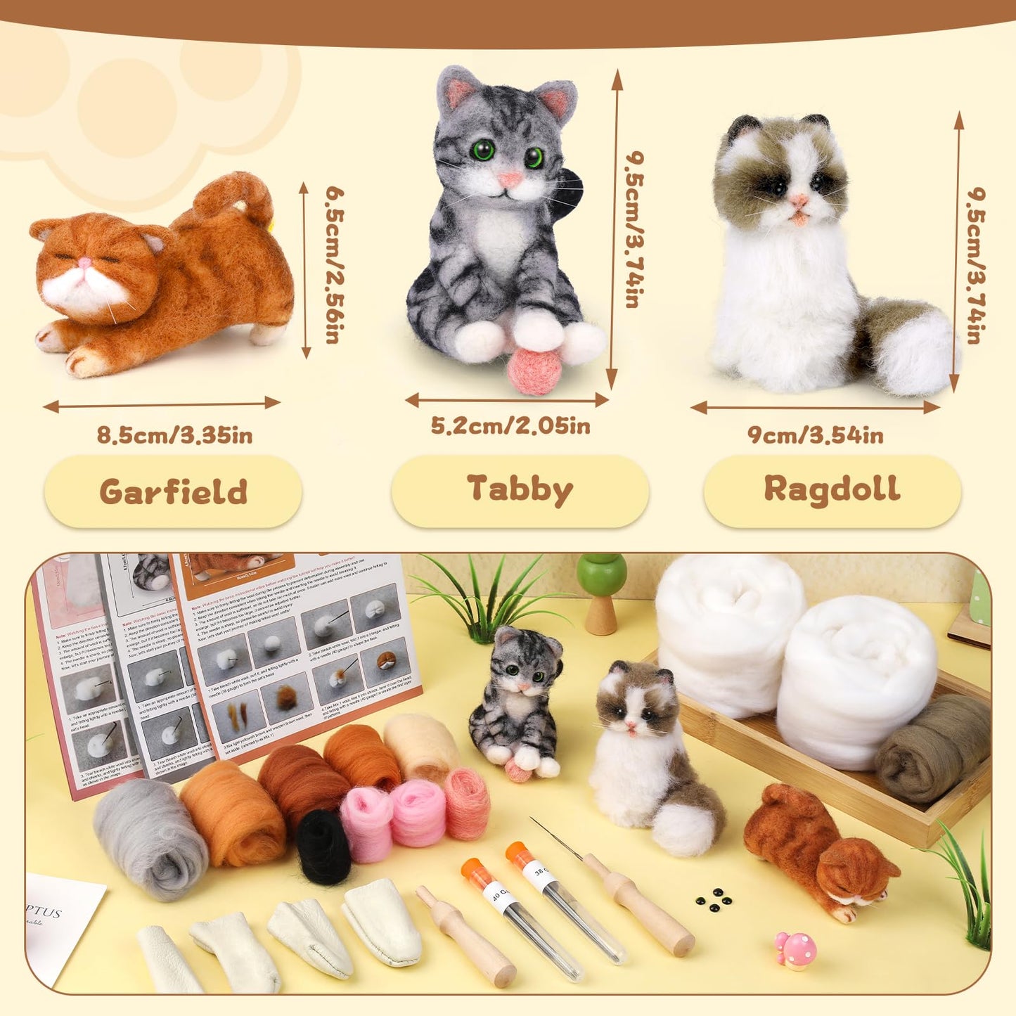 Needle Felting Kit, 3 PCS Cat Animal Needle Felting Beginner Kits Wool Felt Needle Felting Tools with Instruction for DIY Craft Animal Home Decoration