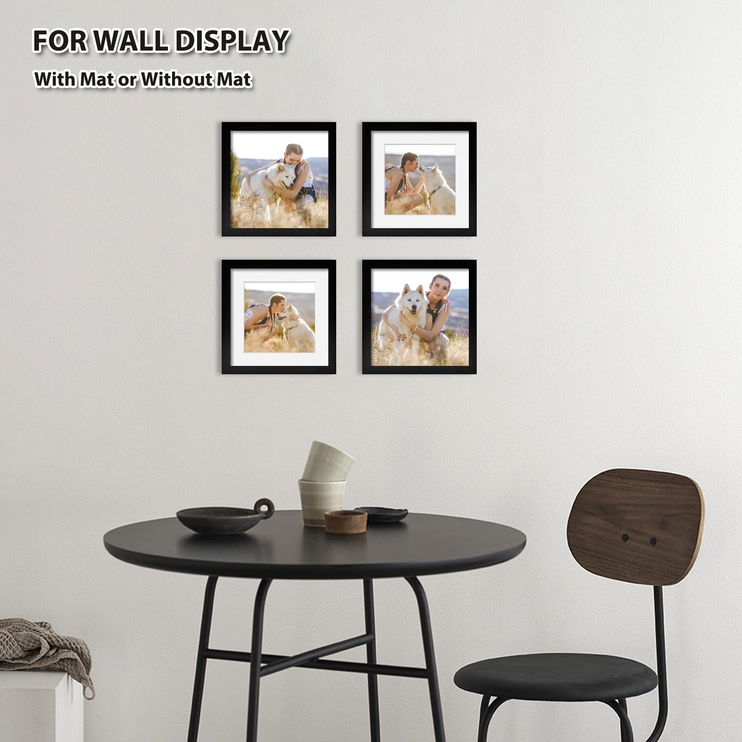 KINLINK 7x7 Picture Frame Black Set of 4, Wooden Square Photo Frames Matted 5x5 with Plexiglass for 5x5 with Mat or 7x7 without Mat for Table and Wall Display