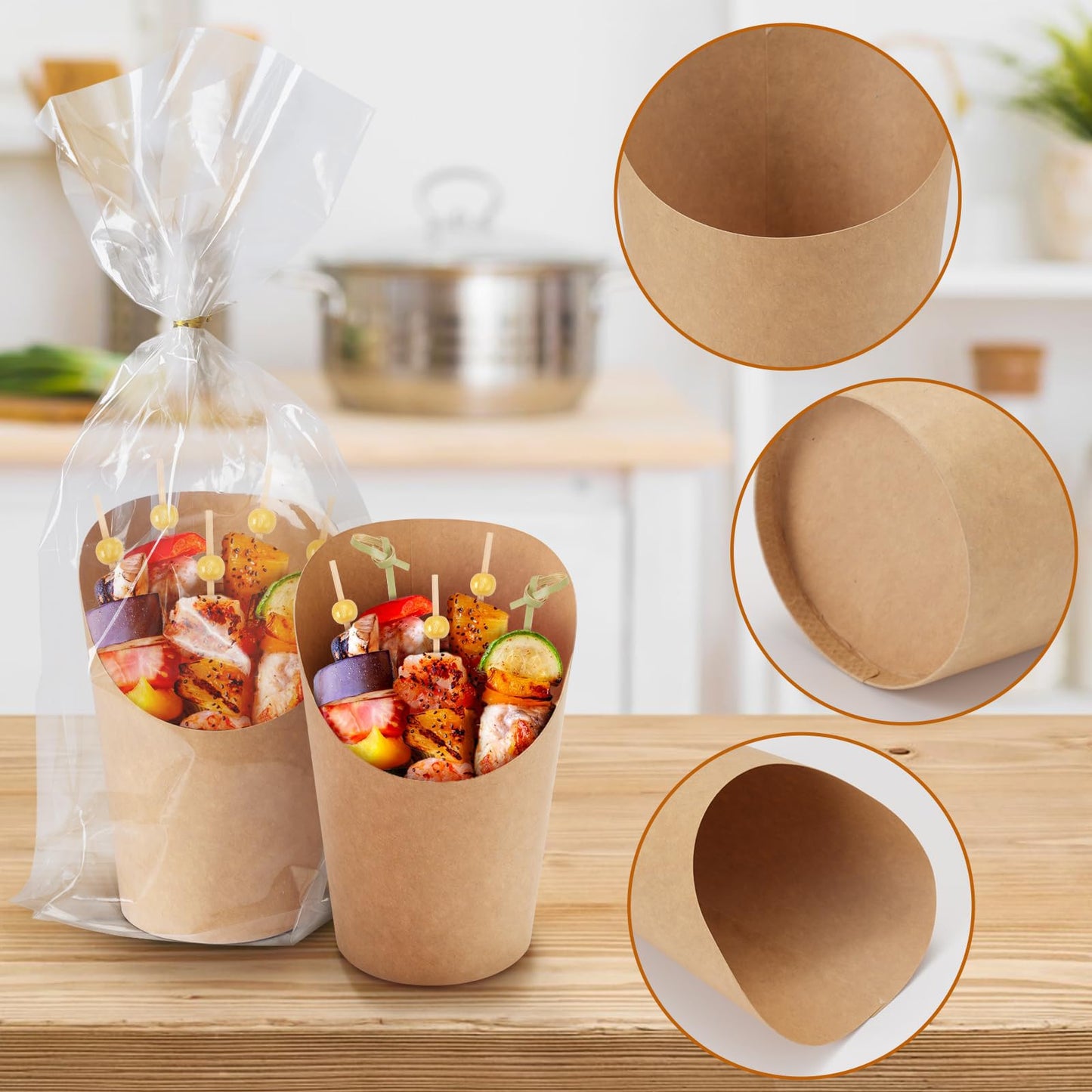 EWVVSS 60pcs Individual Disposable Charcuterie Cups with Sticks,60 Portable Bags,200pcs Cocktail Skewers,14oz Brown Paper Appetizer Cups for French Fry, Party Supplies