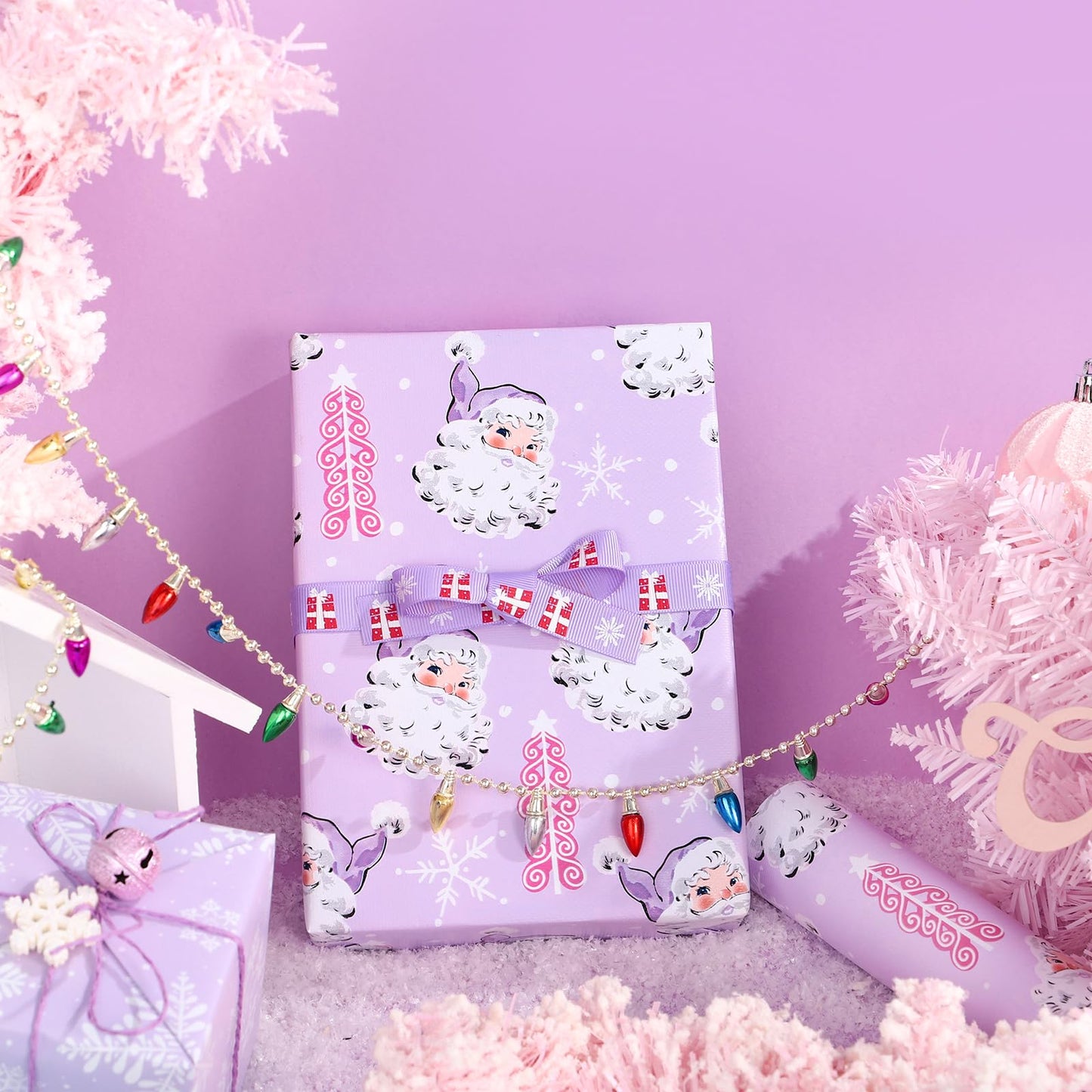 WRAPAHOLIC Reversible Christmas Wrapping Paper - Mini Roll - 17 Inch x 33 Feet - Purple Santa Claus and Snowflake with Embossed for Christmas, Holiday, Party Celebration