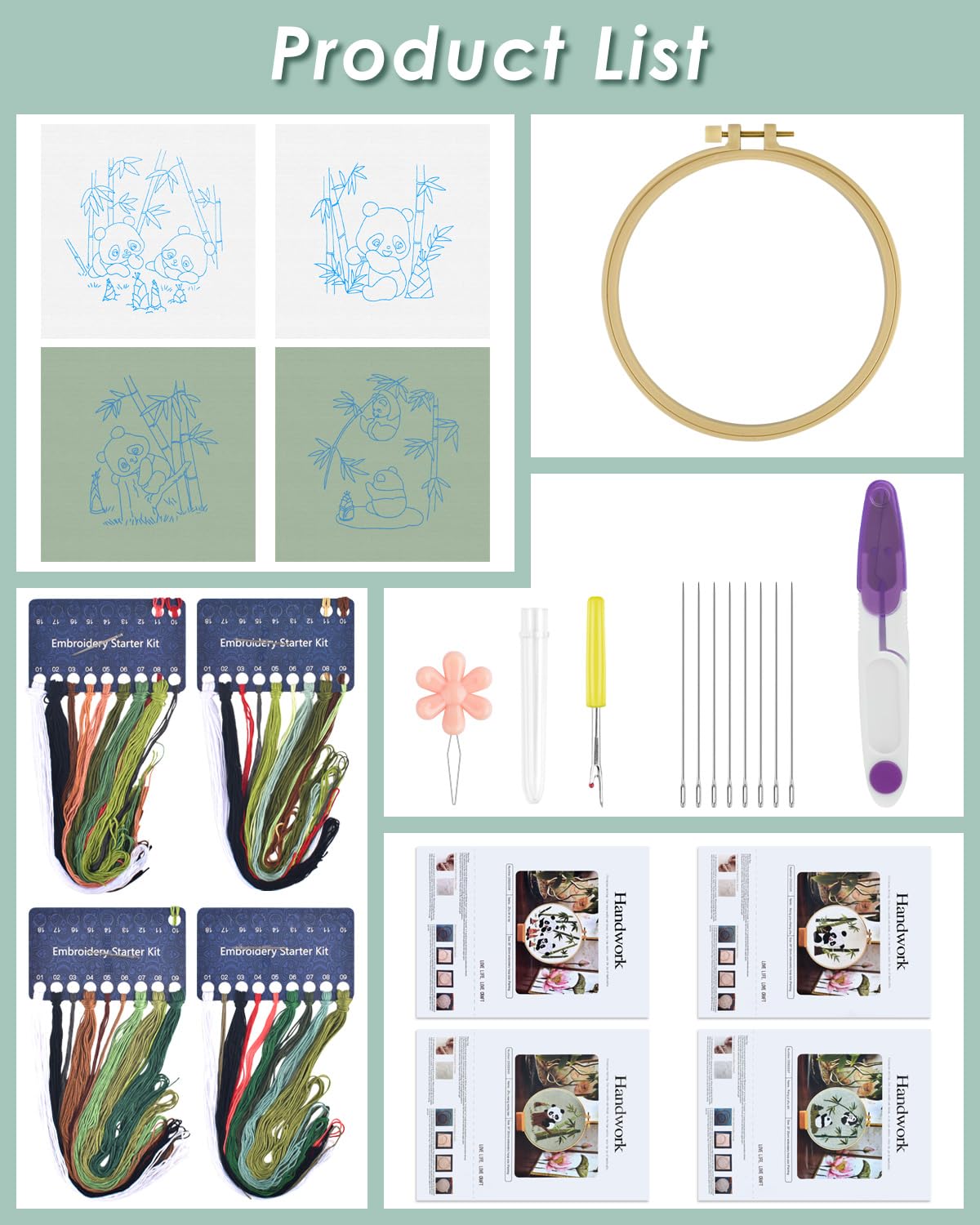 4 Sets Embroidery Kit for Beginners, Animal Cross Stitch Set for Adult Include Embroidery Cloth Hoops Threads for Craft Lover Hand Stitch (Panda)