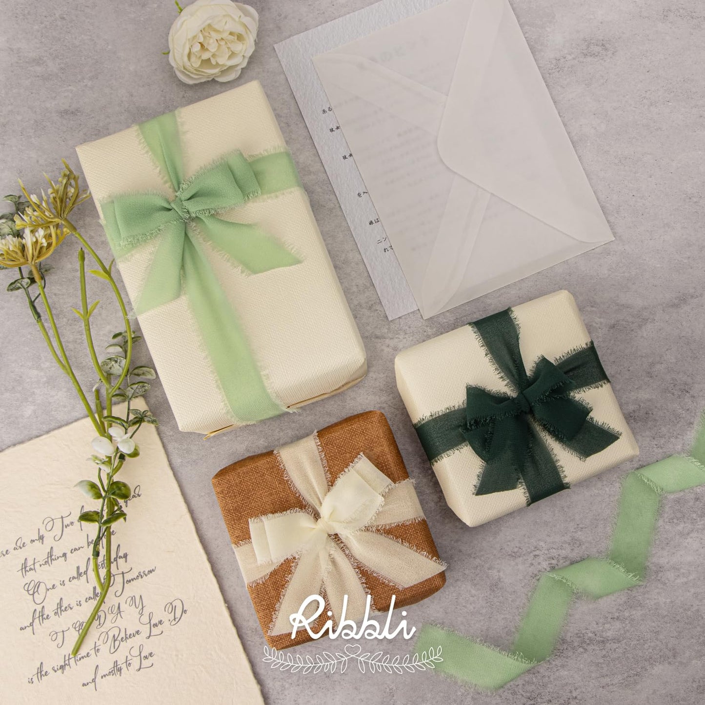Green Ribbon 1 Inch x 3 Rolls Total 24 Yards Ivory/Sage/Forest Green Handmade Fringe Chiffon Silk Ribbon for Wrapping Wedding Invitations Bridal Bouquets DIY Crafts Home Decor
