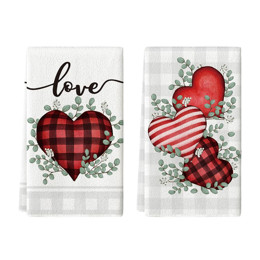 Artoid Mode Red Buffalo Plaid Heart Love Valentine's Day Kitchen Towels Dish Towels, 18x26 Inch Anniversary Wedding Decoration Hand Towels Set of 2