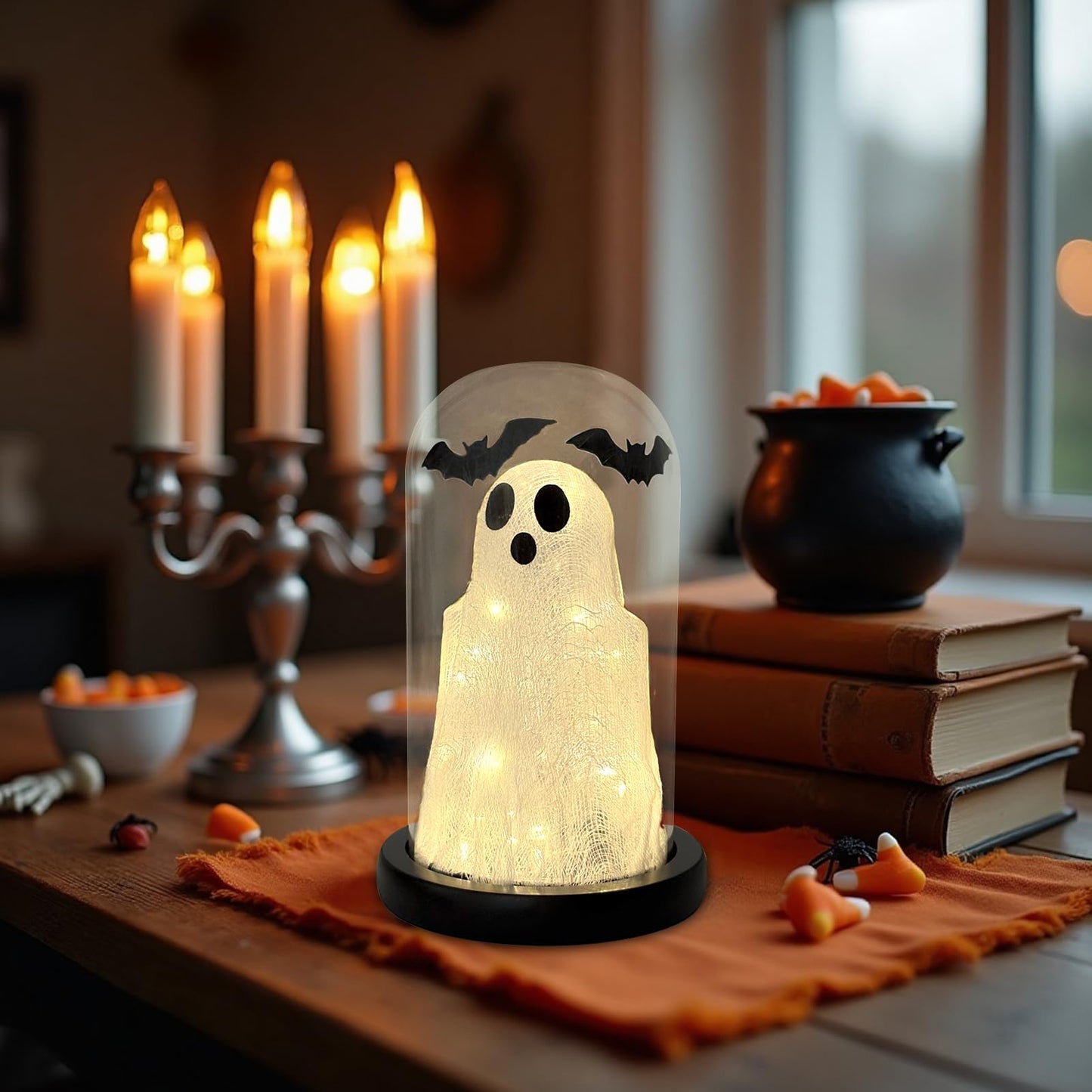 DAZONGE Halloween Decorations Indoor, Lighted Ghost in Glass Dome Cloche, Cute Spooky Halloween Ghost Decor for Tabletop Mantel Display