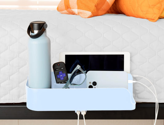 Squirrel-Bedside Perch, Floating Organizer with USB-C & A Charging Ports, Great Bedside Shelfie, Gift for teens and college freshman, for Gamers, Dorm room gifts. Assembly in 1 minute. Light Blue
