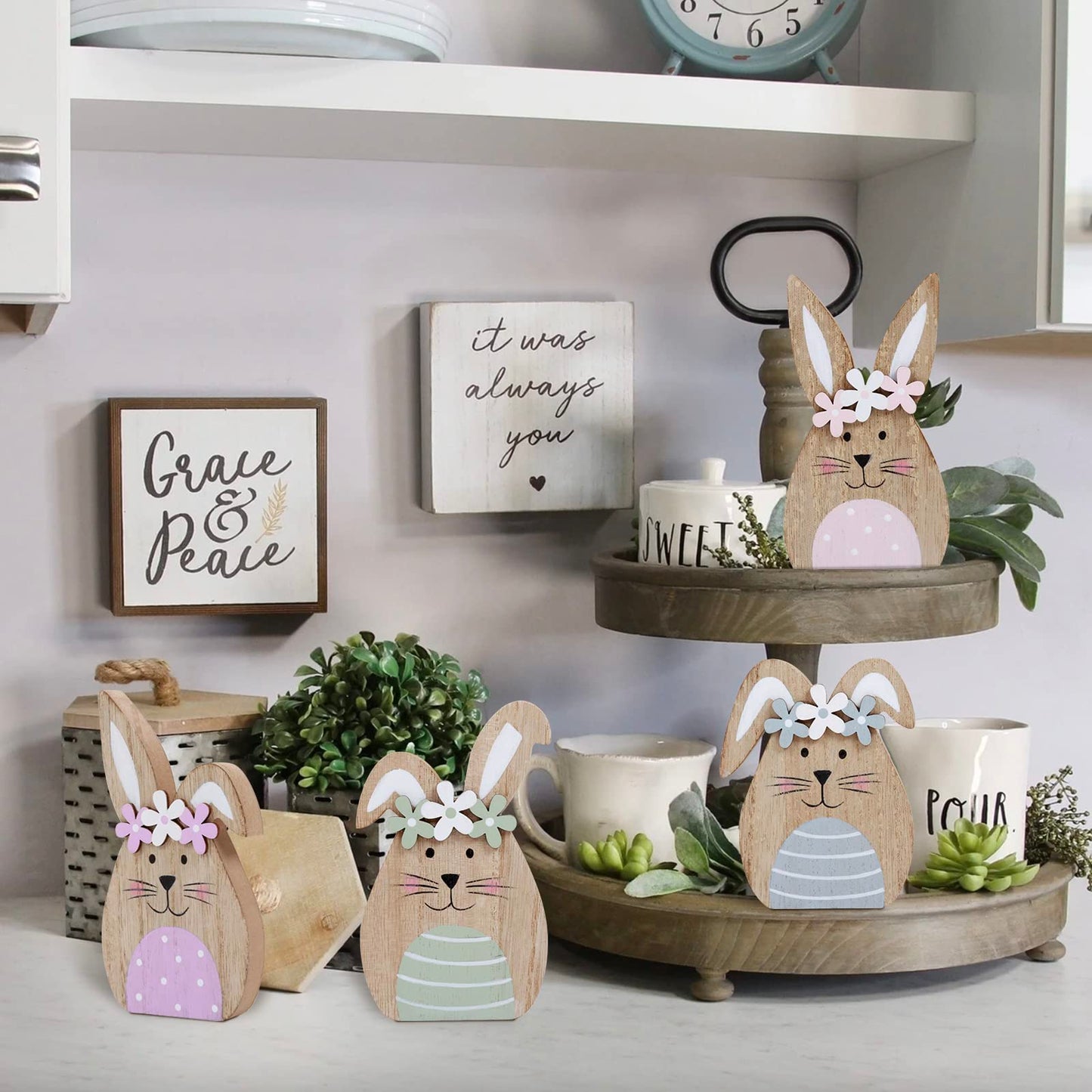 4 Pack Wooden Easter Bunny Table Decorations Easter Peeps Decor Spring Wood Bunnies Rabbit Ornament Farmhouse Tabletop Decor for Party Tiered Tray Mantle Desk Office Home Party Patio Yard Decor