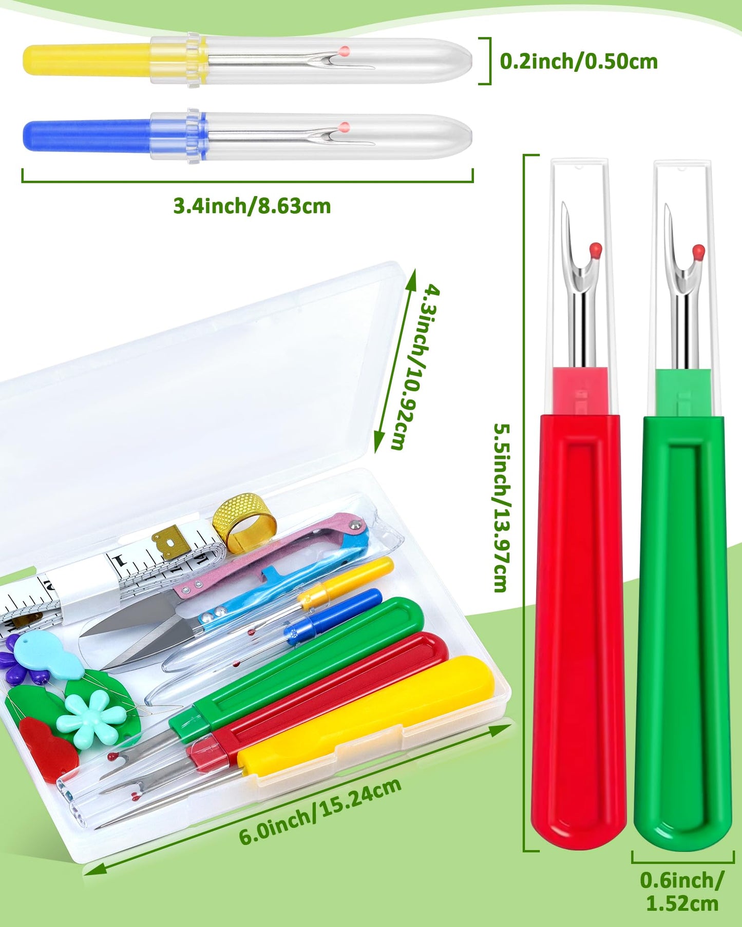 Seam Rippers for Sewing – 2 Big and 2 Small Stitch Remover Tools, Thread Ripper, Embroidery Removal Tool, with Needle Threaders, Thimbles, Tape Measure, Tailors Awl and Thread Snips