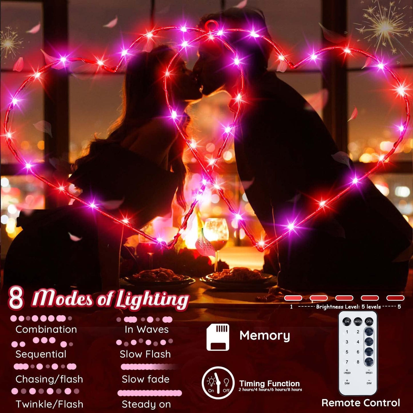 Valentines Decor Double Heart Window Lights, 17" Red Pink Valentines Decorations Backdrop Silhouette Heart Lights with Remote, Valentines Wall Window Decoration for Home Bedroom