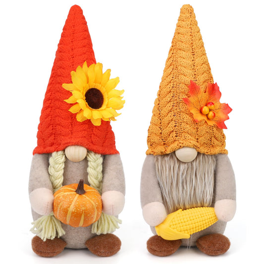 Thanksgiving Gnomes Fall Decorations for Home, 2Pack Plush Gnomes Hold Pumpkin Corn, Mr and Mrs Swedish Tomte Gnome Doll with Maple Sunflower Fall Harvest Thanksgiving Decor for Home Kitchen Table