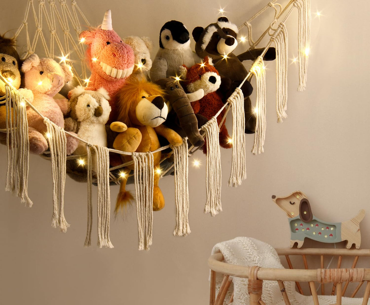 Stuffed Animal Hammock Corner Storage with LED Light - Toy Hammock Large Plushie Net - Stuffed Animal Holder Hanging Organizer - Teddy Bear Hammock Room Decorations Preppy Toddler Kids Room Decor