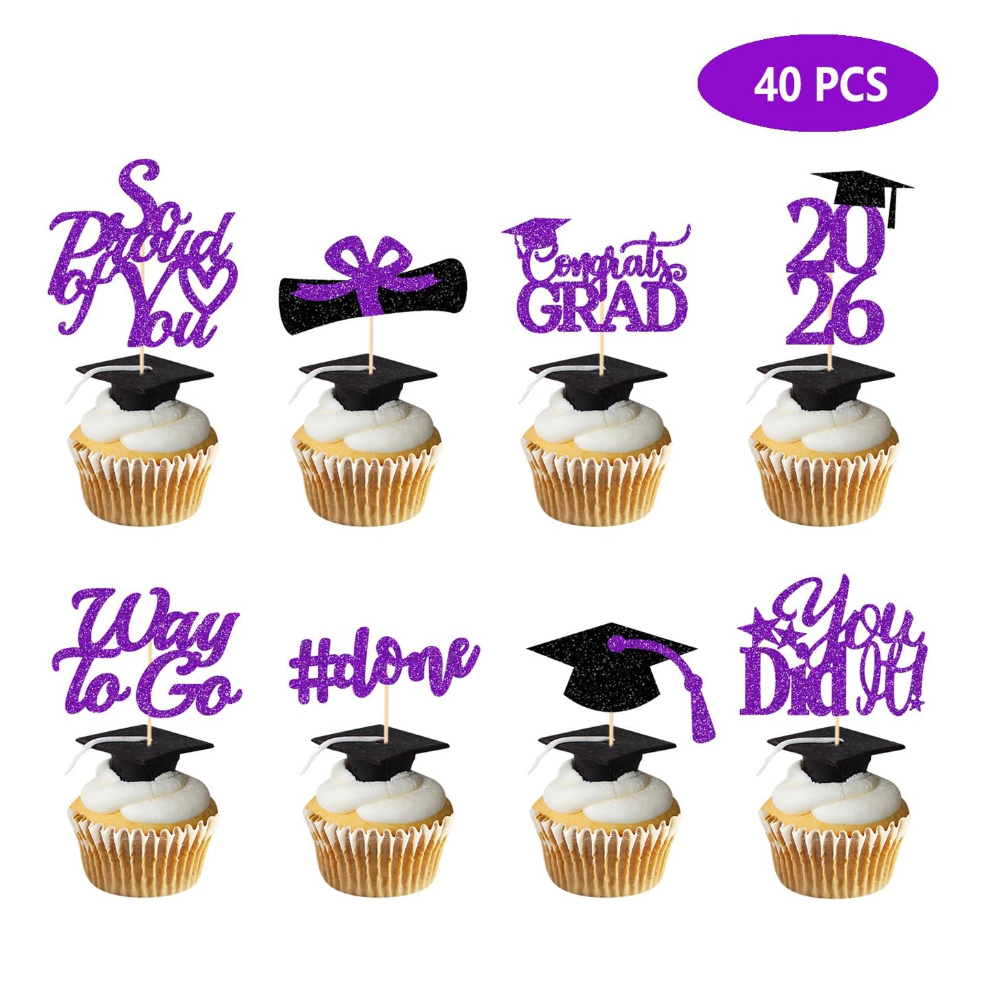 Graduation Decorations 2026 Purple, Graduation Cupcake Toppers 2026 Purple Black, Glitter Class of 2026 Cupcake Toppers Supplies, Class of 2026 Congrats Grad Cap Diploma Cupcake Picks - 40Pcs