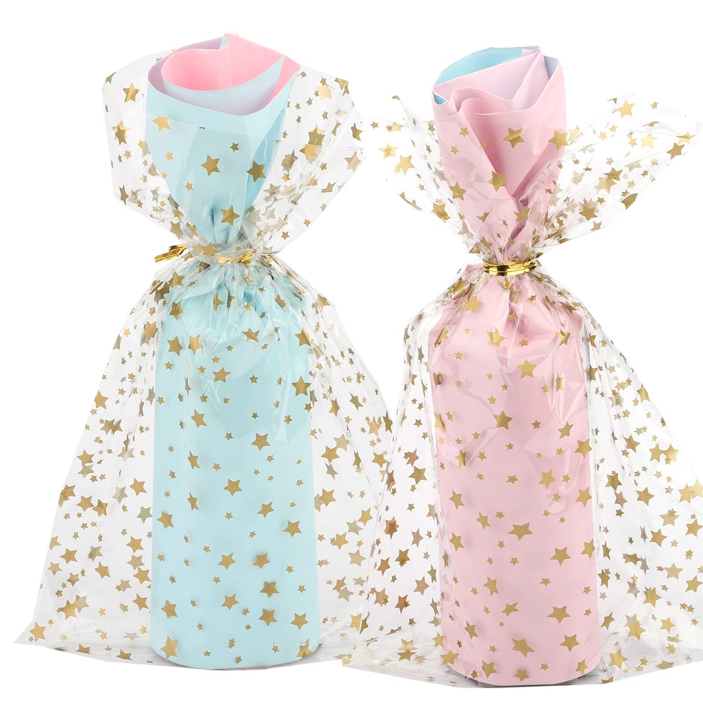 COQOFA 100 Pcs Star Printed 5"X 7" Gift Wrap Cello Cellophane Treat Bags Party Favor bags Clear Candy Cookie Bags Plastic Poly Goodie Storage Bags with Twist Ties for Bakery,Birthday, Wedding,Party
