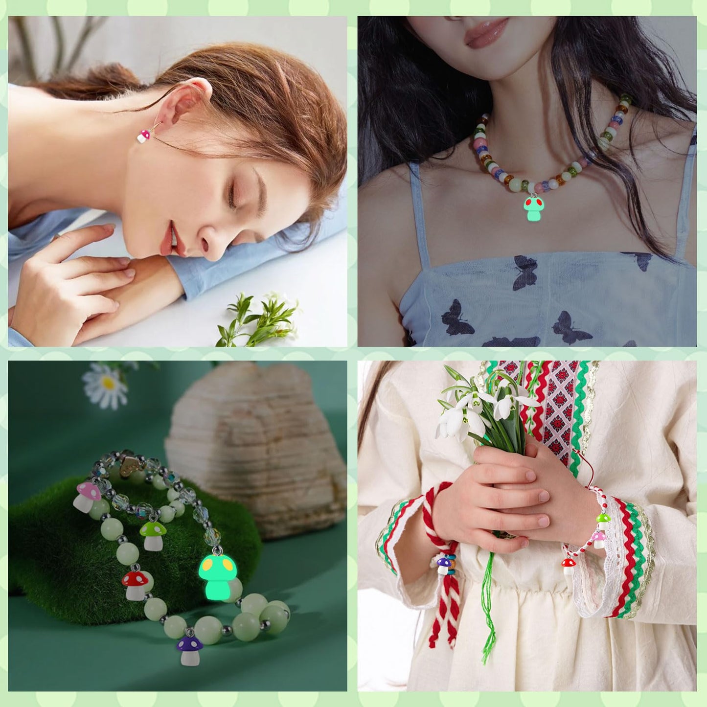 Charms, 64 Pcs Mushroom Resin Charm Beads Ornament Glow in The Dark Pendant for DIY Bracelet Necklace Jewelry Making