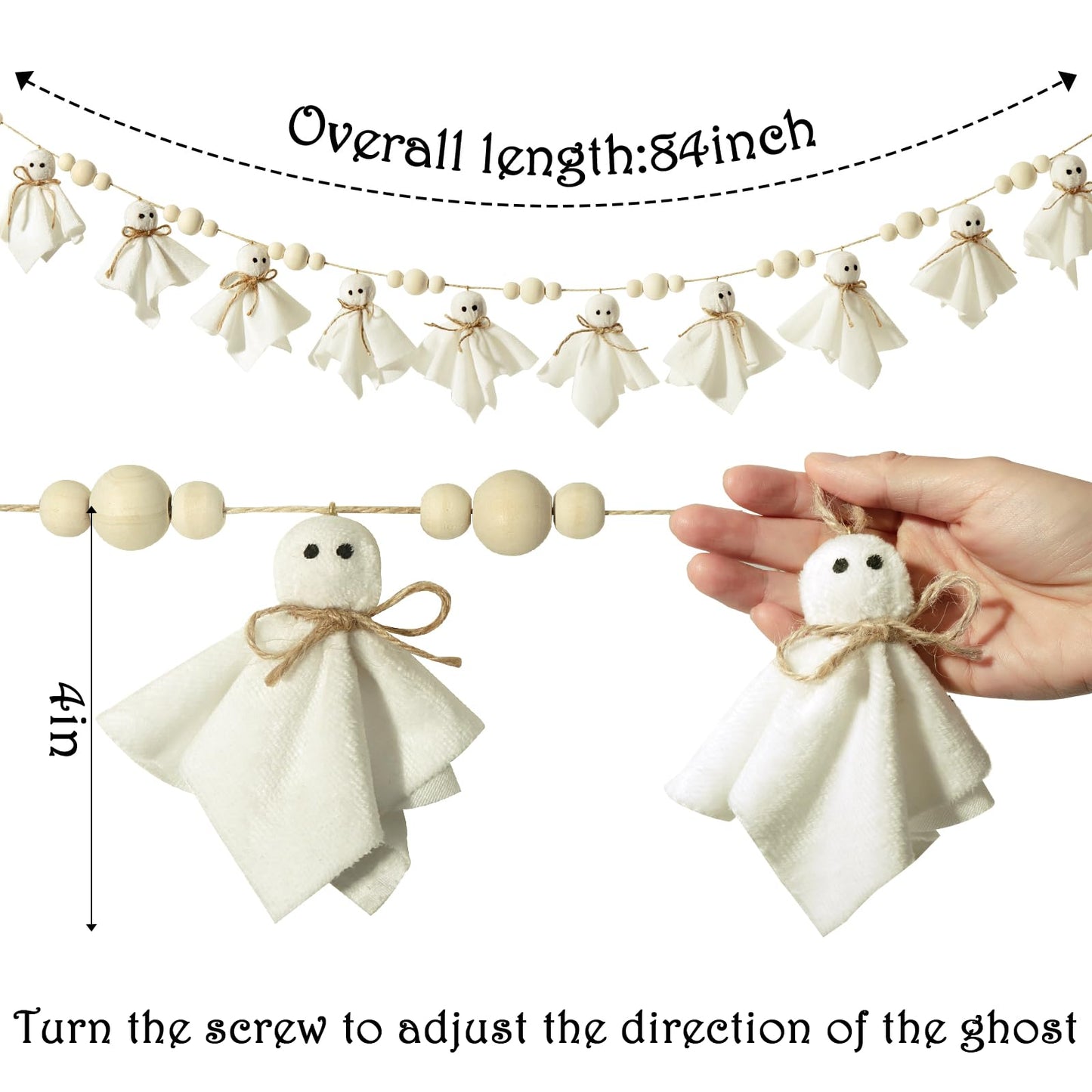 Bunny Chorus 7Ft Cute Halloween Ghost with Wooden Beads Garlands, Handmade Rustic Halloween Banner for Wall Home Indoor Outdoor Spring Decor Supplies, White