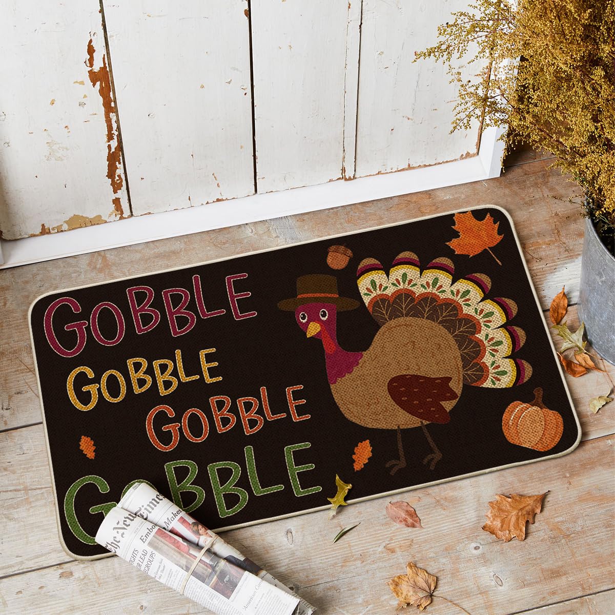 Artoid Mode Black Gobble Turkey Thanksgiving Doormat, Seasonal Fall Holiday Party Low-Profile Floor Mat Switch Mat for Indoor Outdoor 17 x 29 Inch