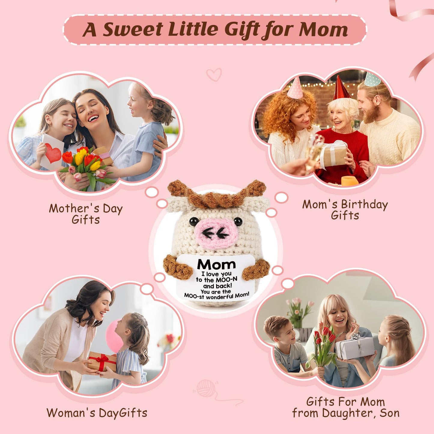 YUEYUQIU Mini Birthday Gifts for Mom from Daughter - Handmade Crochet Cow Moms Gifts for Mother’s Day Mama Mother in Law Bonus Step Mother Mommy - Funny I Love You Mom Present for Mothers Day