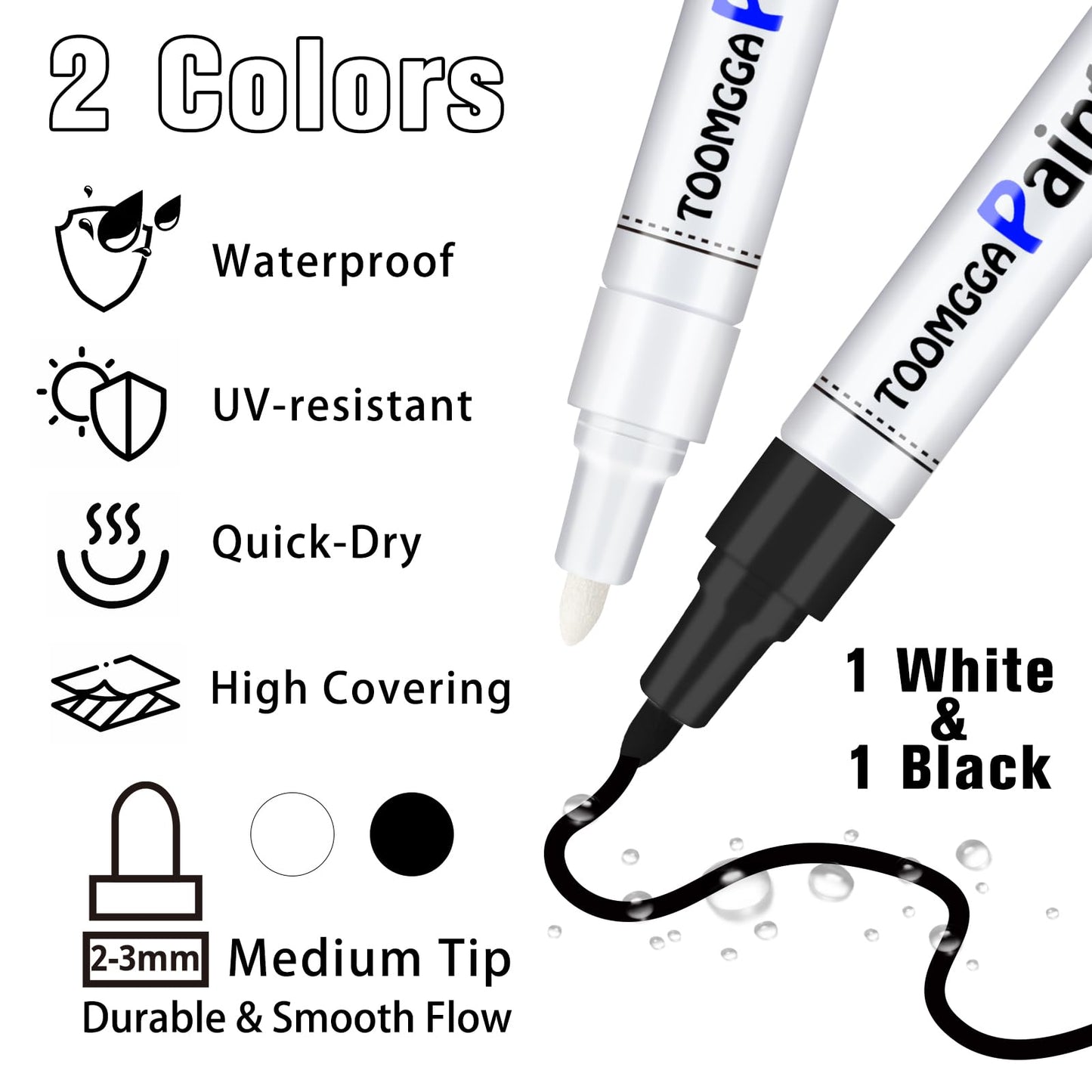 TOOMGGA White and Black Permanent Markers Paint Pens-2 Pack Oil Based Paint Markers, Medium Tip, Quick Drying Paint Pens for Wood, Metal, Rock Painting, Mugs, Fabric, Canvas, Clothes, Plastic Marking