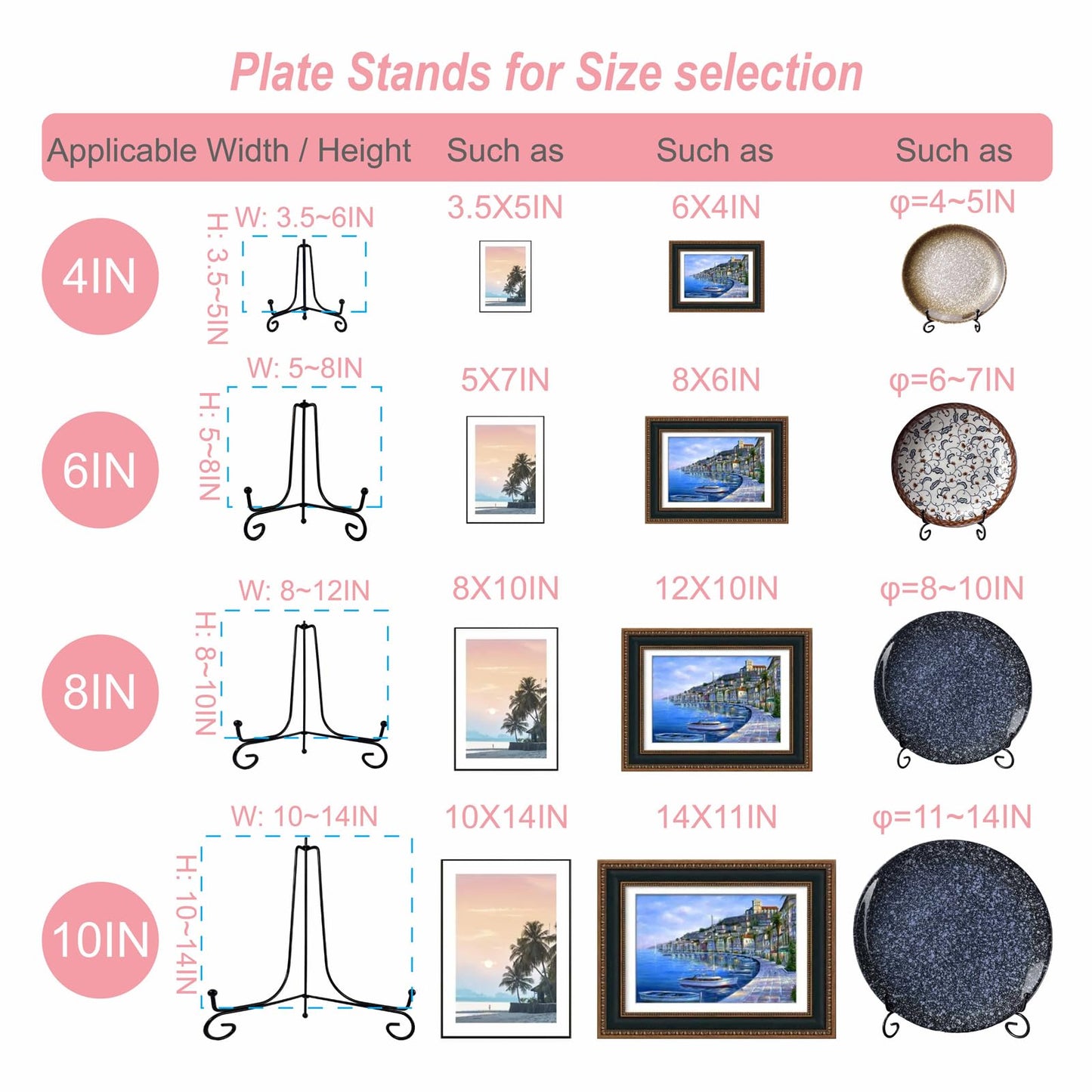 6PCS 3 Size Black Iron Plate Stands for Display 4 6 8 Inch, Decorative Metal Plate Holders for Displaying, Mini Easel Stand, Frame, Book, Card, Plaque, Bowl, Picture Stands for Display