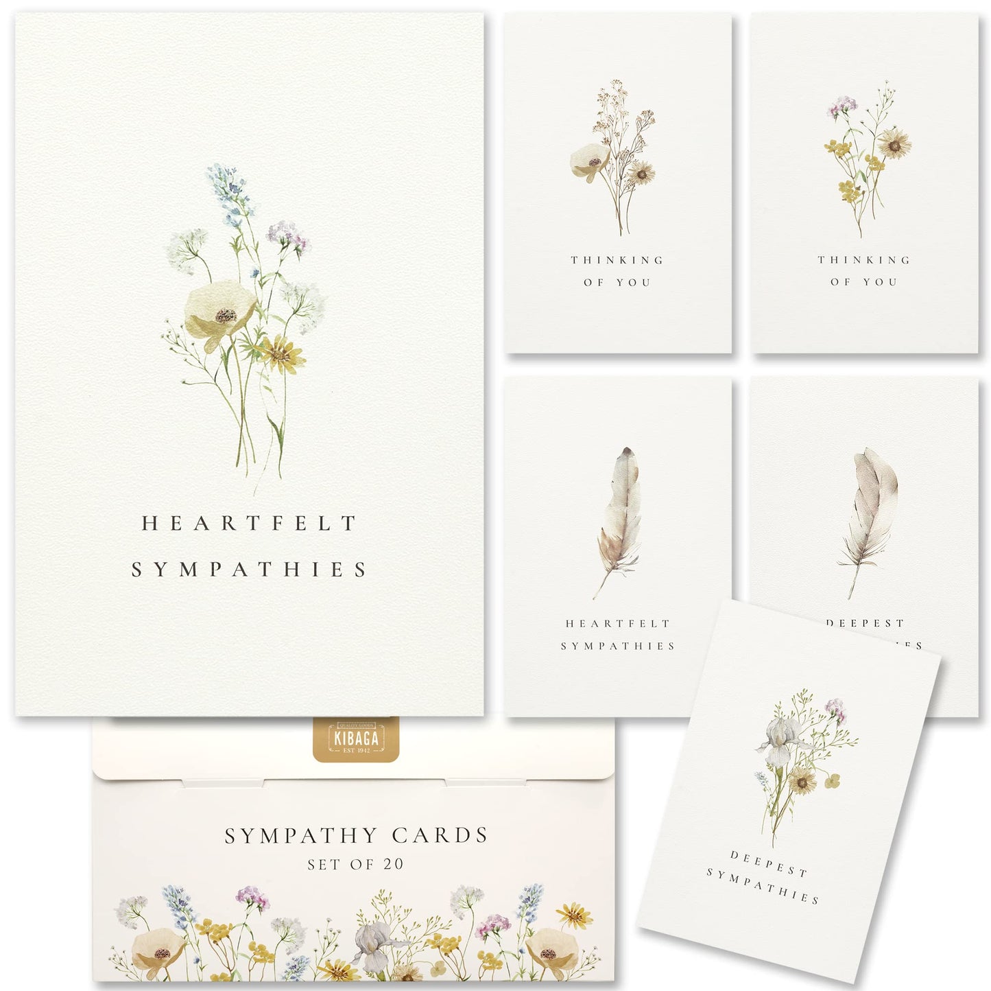 Beautiful Sympathy Cards Set of 20 with Envelopes and Stickers - Perfect Bulk Set To Express Your Condolences - Floral and Feather Assortment w/a Simple Heartfelt Note