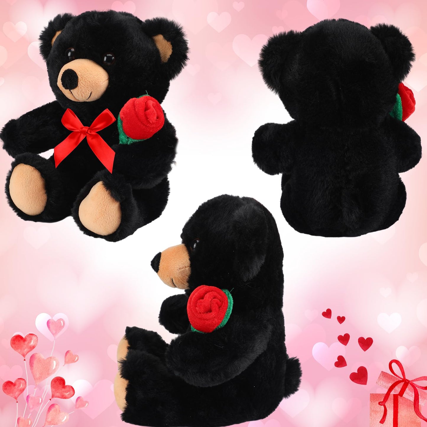 Valentine Bear Stuffed Animal Gift with Rose Funny Cute Bear Plush Stuffed Animal for Kids Toddler Mother Girlfriend Valentine Birthday Wedding, 11.8 Inches(Black)
