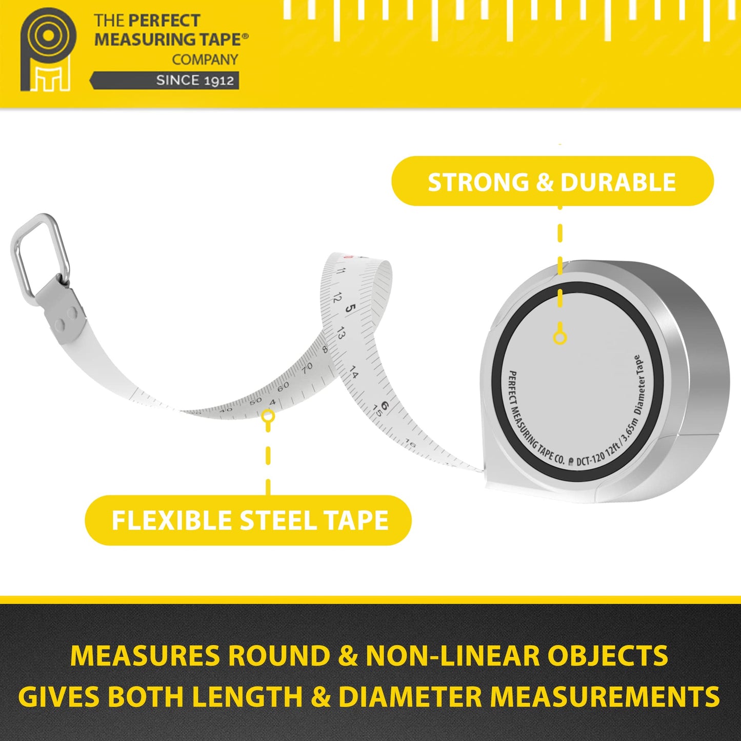 Perfect Pi Diameter Circumference Tape Measure - Imperial and Metric Tape Measure 1/2-inch by 12ft / 3.5m - Use for Measuring Cylindrical Objects - (Pipe Tape, Tree Tape) Model DCT121