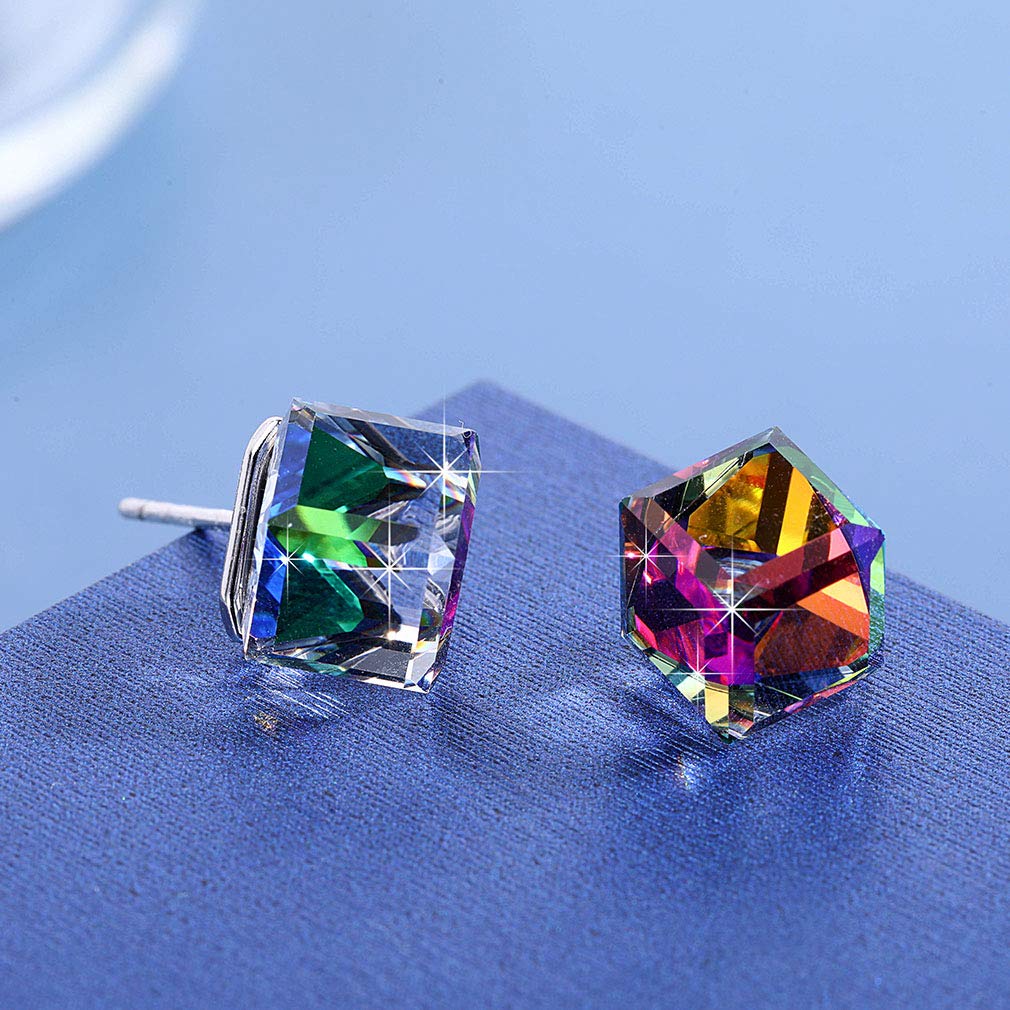Cube Austrian Crystal Drop Stud Earrings for Women Fashion S925 Sterling Silver Hypoallergenic Jewelry (Rainbow)