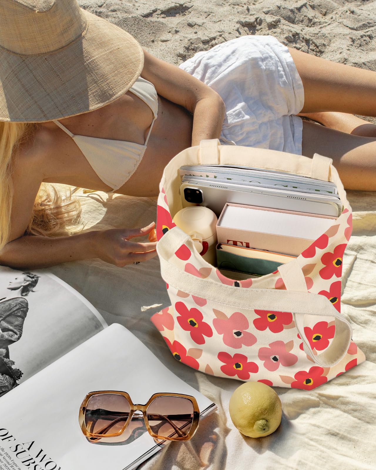 Miss Adola Aesthetic Canvas Tote Bag with Inner Pocket for Women, Cloth Cotton Totes Bag with Pattern for Shopping, Gym, PK Flower