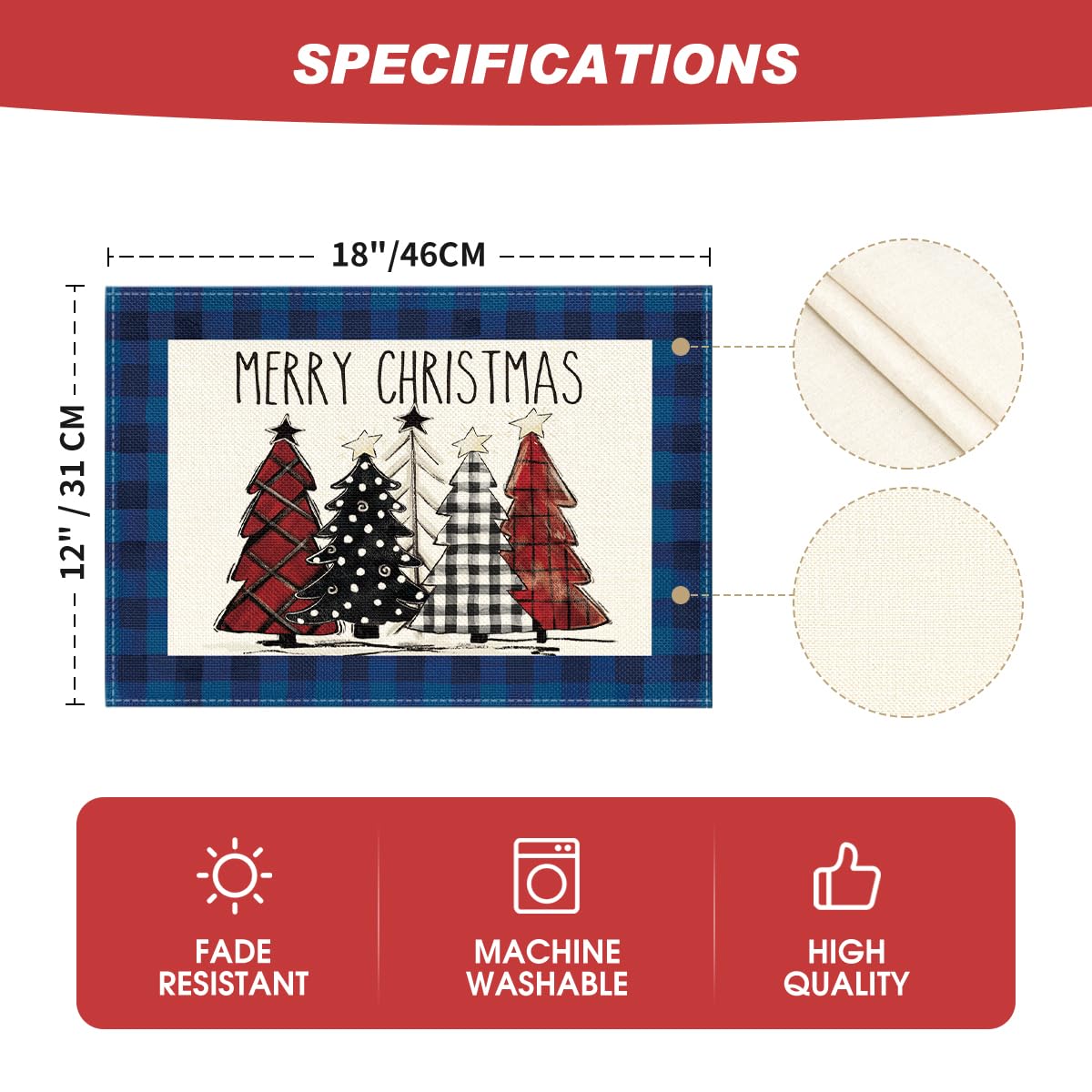 Artoid Mode Blue Waterclor Buffalo Plaid Christmas Trees Placemats Set of 6, 12x18 Inch Winter Table Mats for Outdoor Home Party Kitchen Dining Decor
