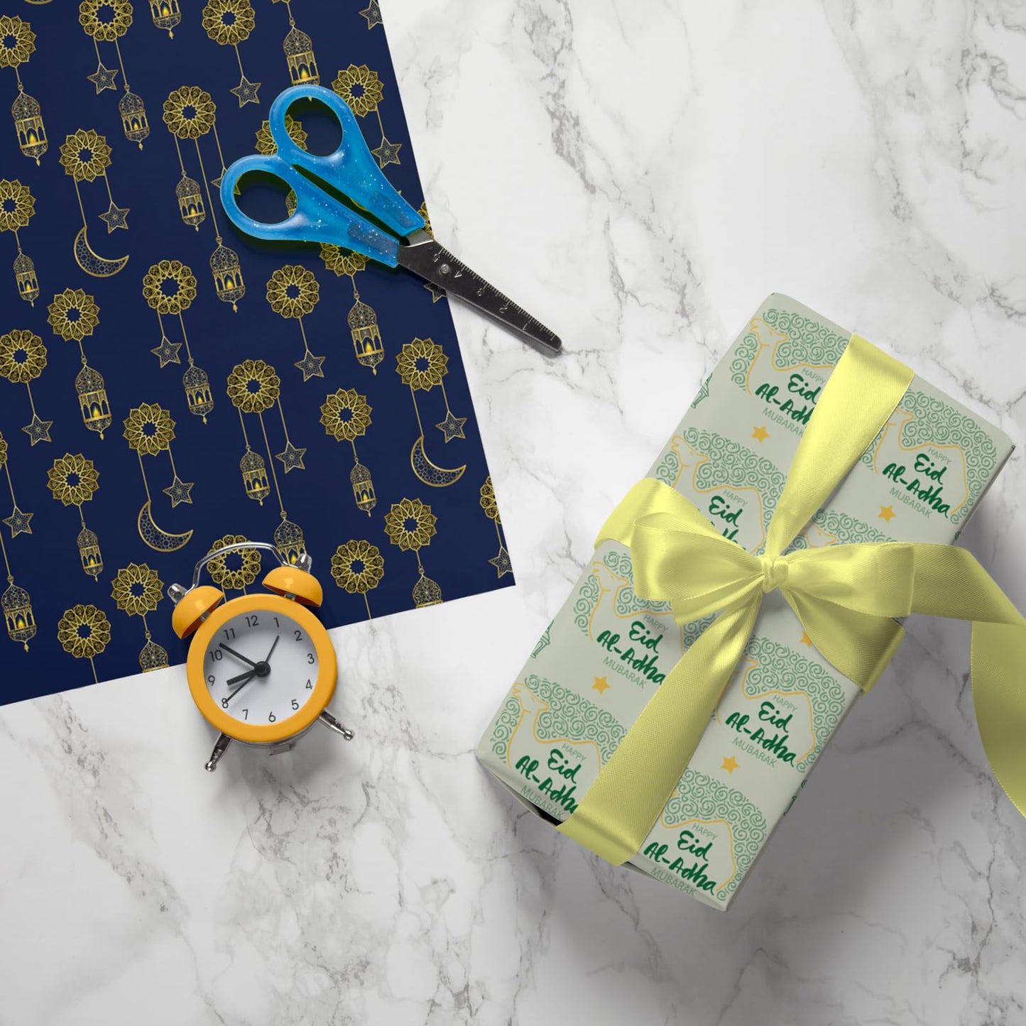 Eid Mubarak Wrapping Paper - Ramadan Kareem Gift Wrap with Mosque, Lantern & CamelDesigns - for Islamic Holidays & Party Decor - 20 x 29 Inches, 8 Folded Sheets, Easy to Store