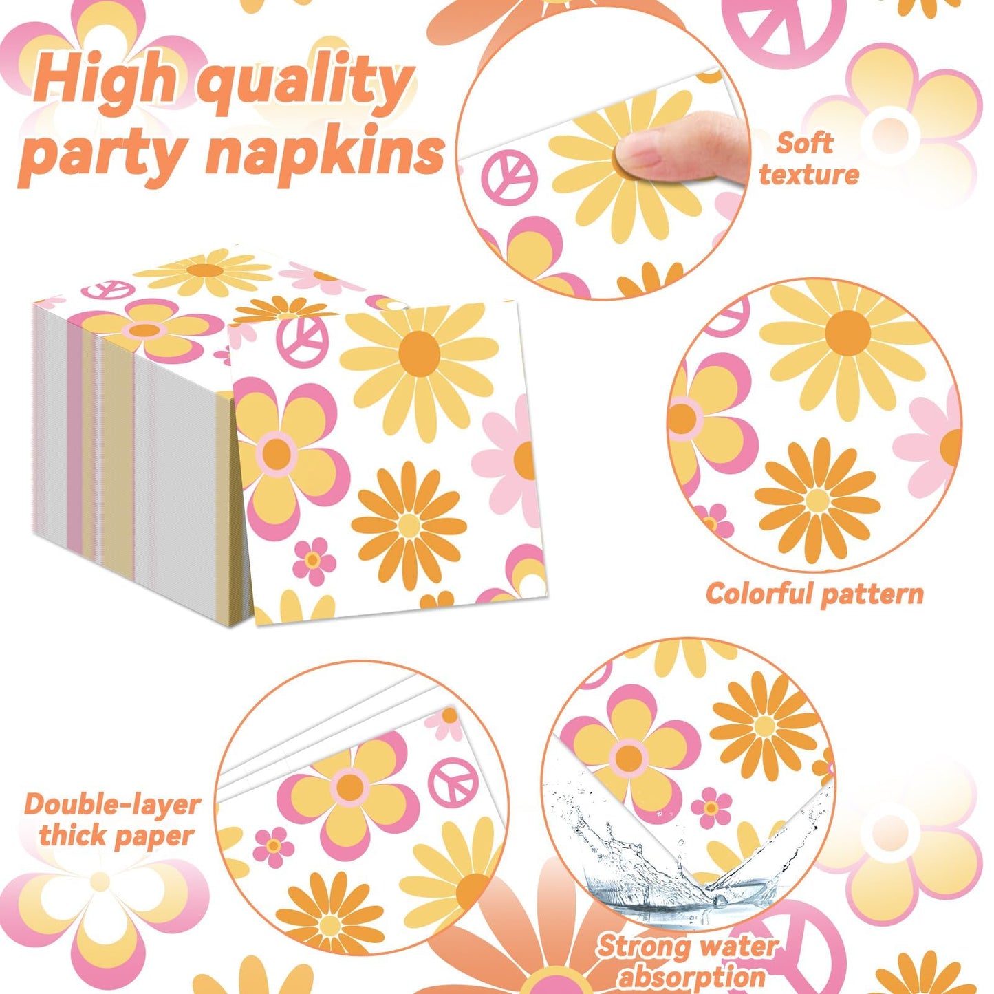 96 Pcs Groovy Party Supplies for 24 Guests Retro Hippie Boho Tableware Plates Napkins Daisy Flower Birthday Dinnerware Table Decorations Retro Hippie Daisy Party Favor for Kitchen Dinning Home Decor