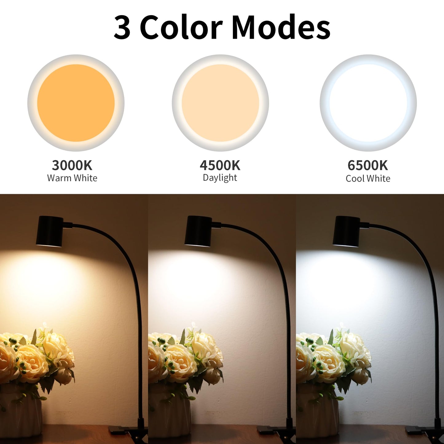 Arts Desk Lamp,USB Clip On Light,3 Color Modes,10 Brightness Levels,360° Gooseneck LED Reading Light,Eye-Care for Home Office,Headboards, Black