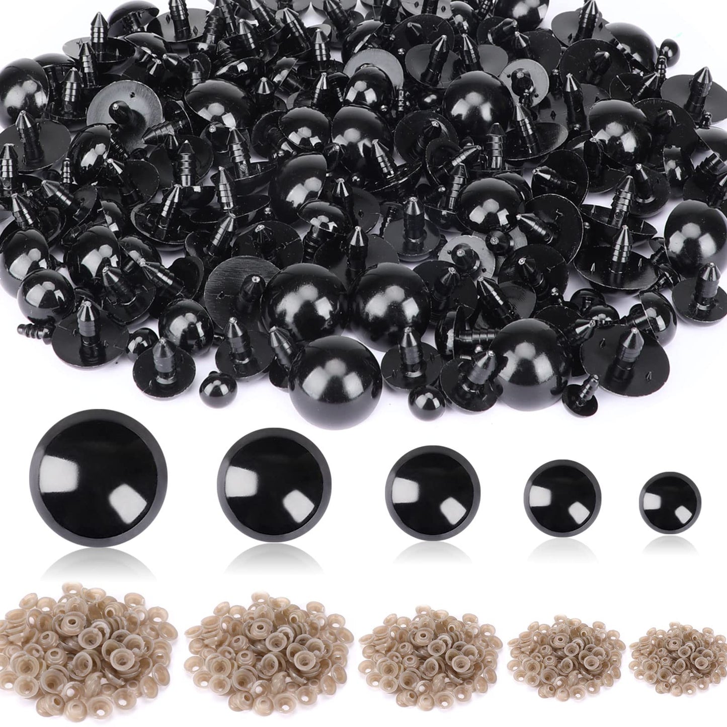 UPINS 500 Pieces 6-24MM Black Plastic Safety Eyes with Washers for Crochet Animal Crafts Doll Making Supplier Bulk (4 Sizes)