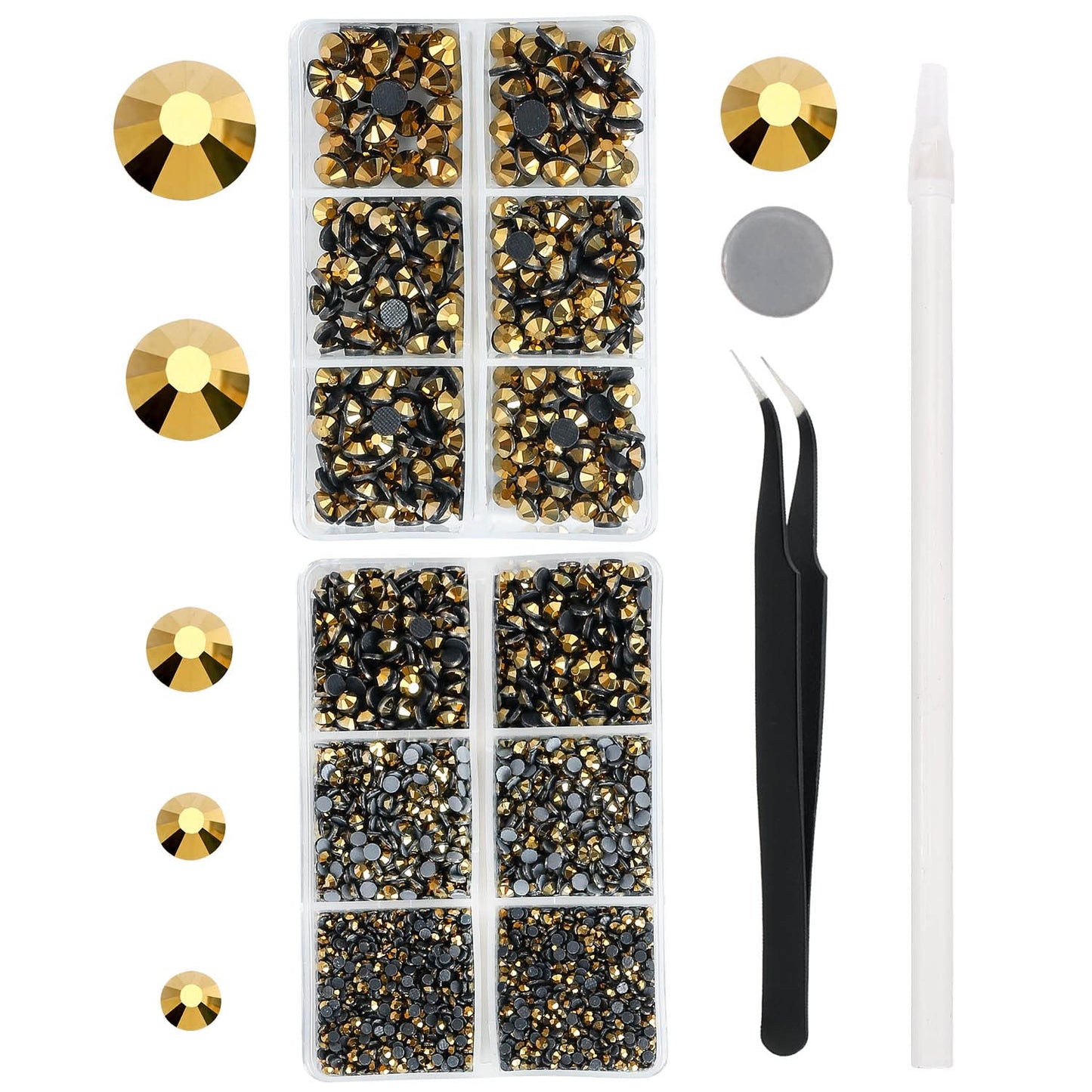 MEIBITE 6796PCS Gold Hotfix Rhinestones Crystal Stones Glass for Fabric Clothes Shirts Sparkly Flat Back Round with Tweezers and Picking Pen (SS6~SS30 Set)